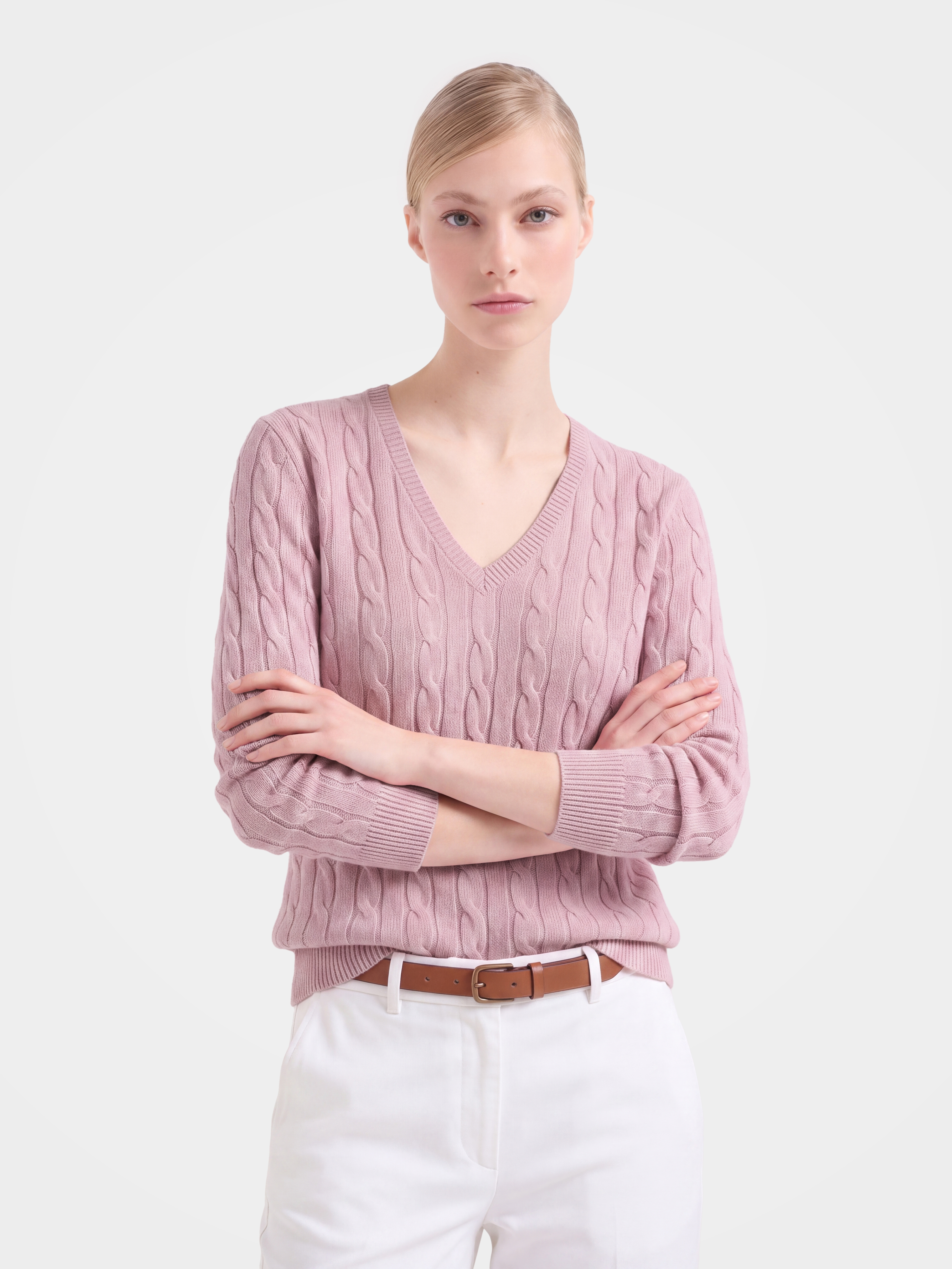 100% Mongolian Cashmere Classic Cable Knit V-Neck Sweater