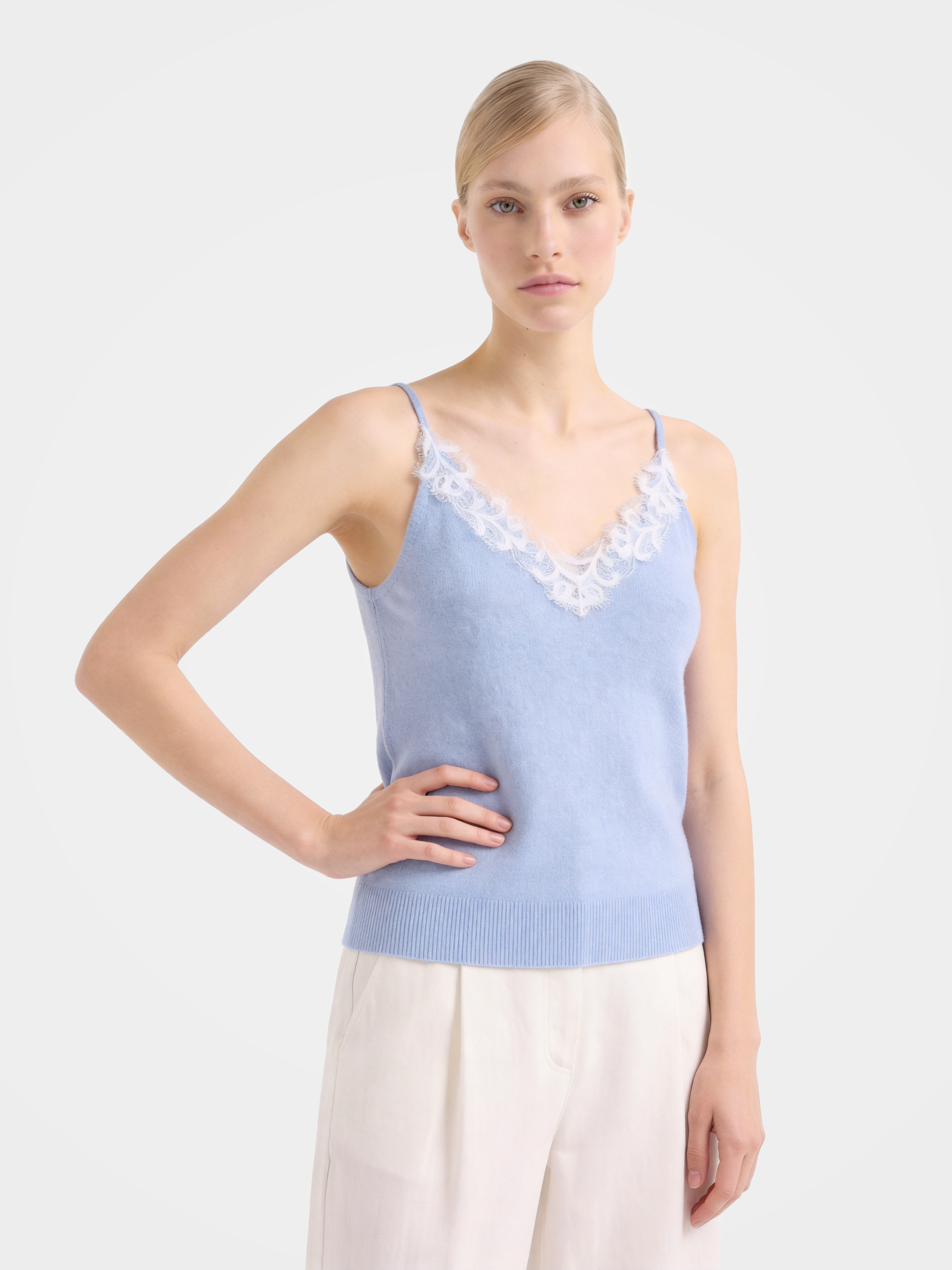 Lightweight 100% Mongolian Cashmere Lace-Trim Cami