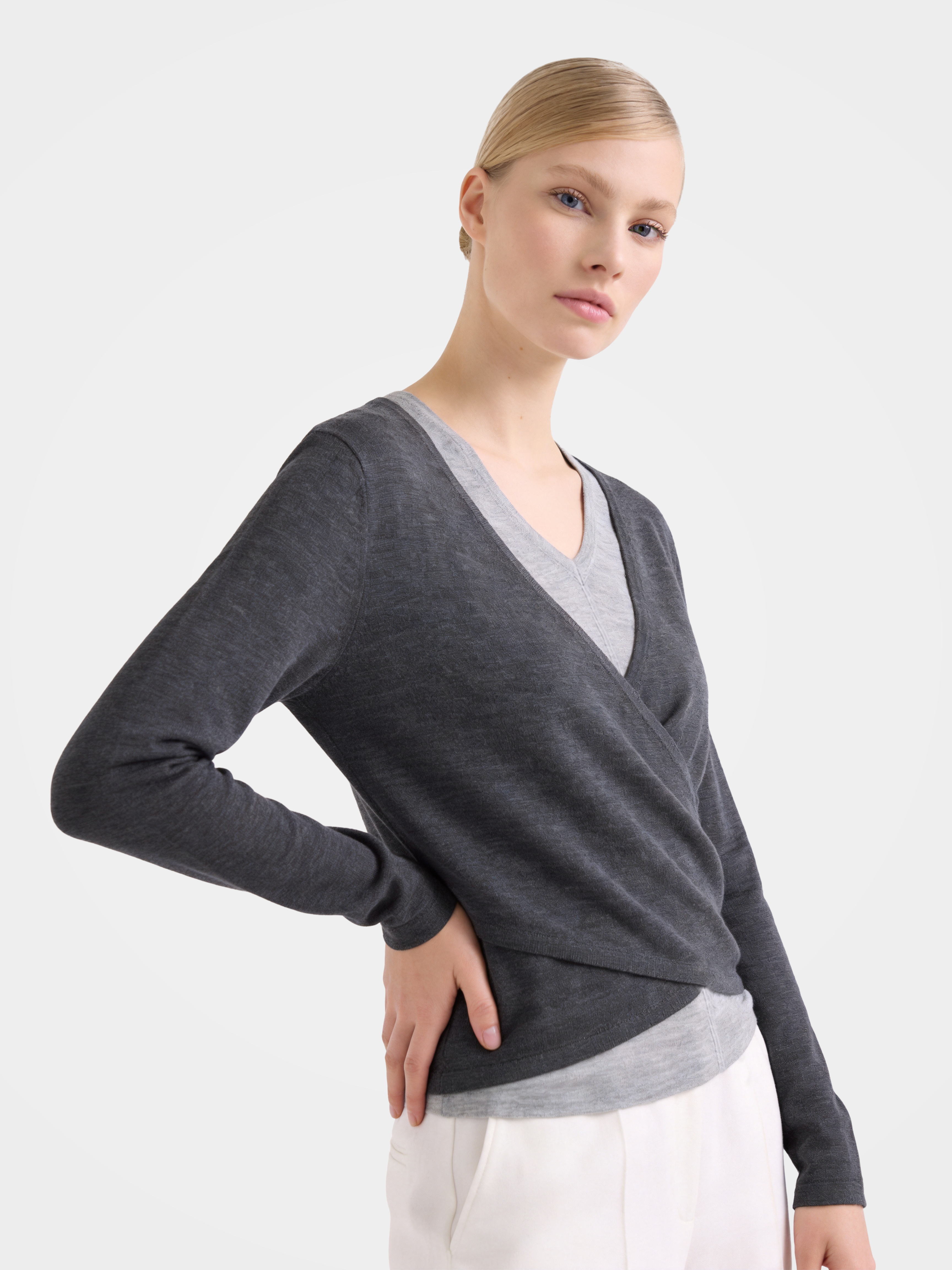 Lightweight Wool Faux Wrap Draped Layering Knit Sweater