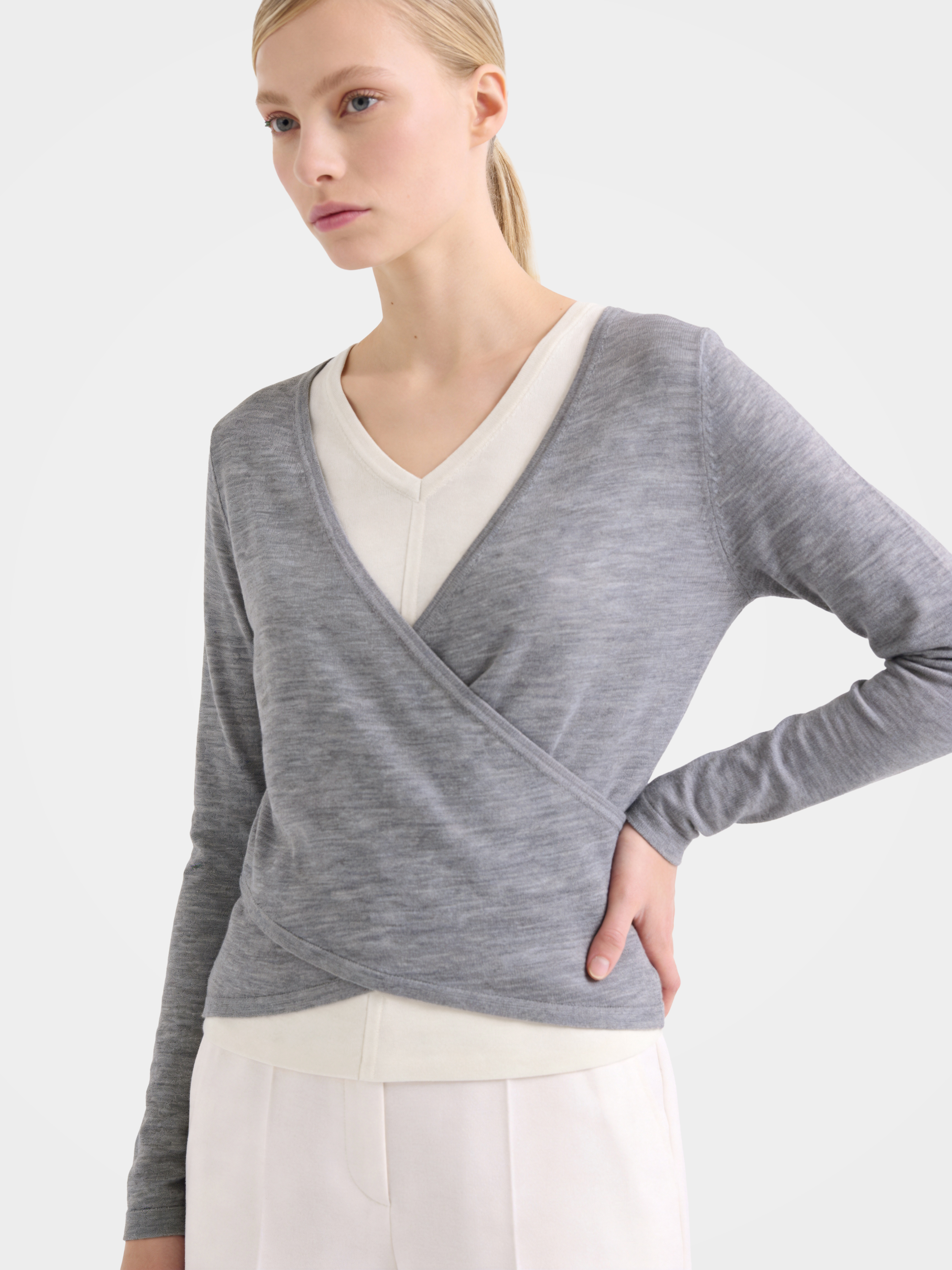 Lightweight Wool Faux Wrap Draped Layering Knit Sweater
