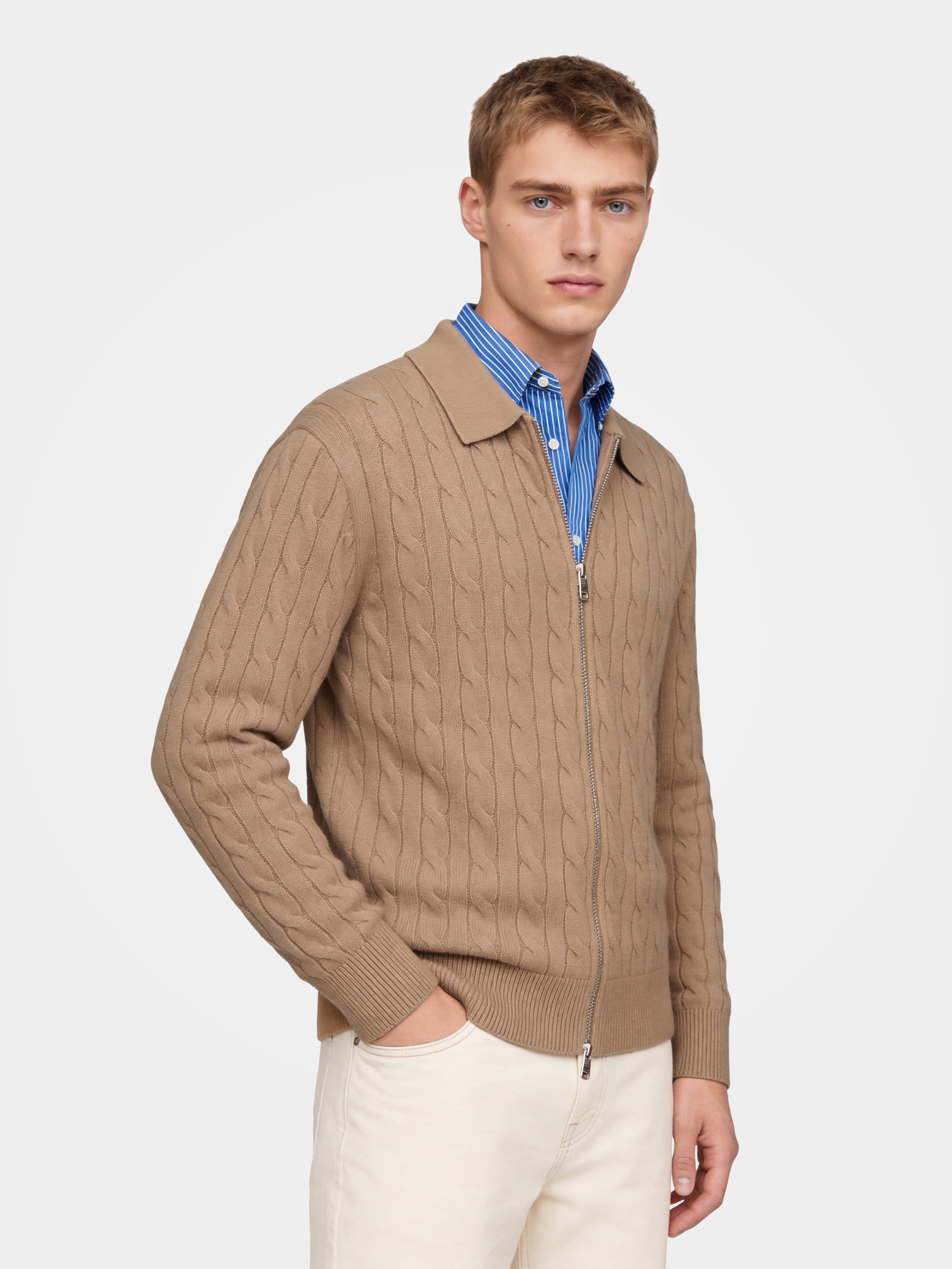 Men's 100% Cashmere Collared Zip Cable Knit Cardigan