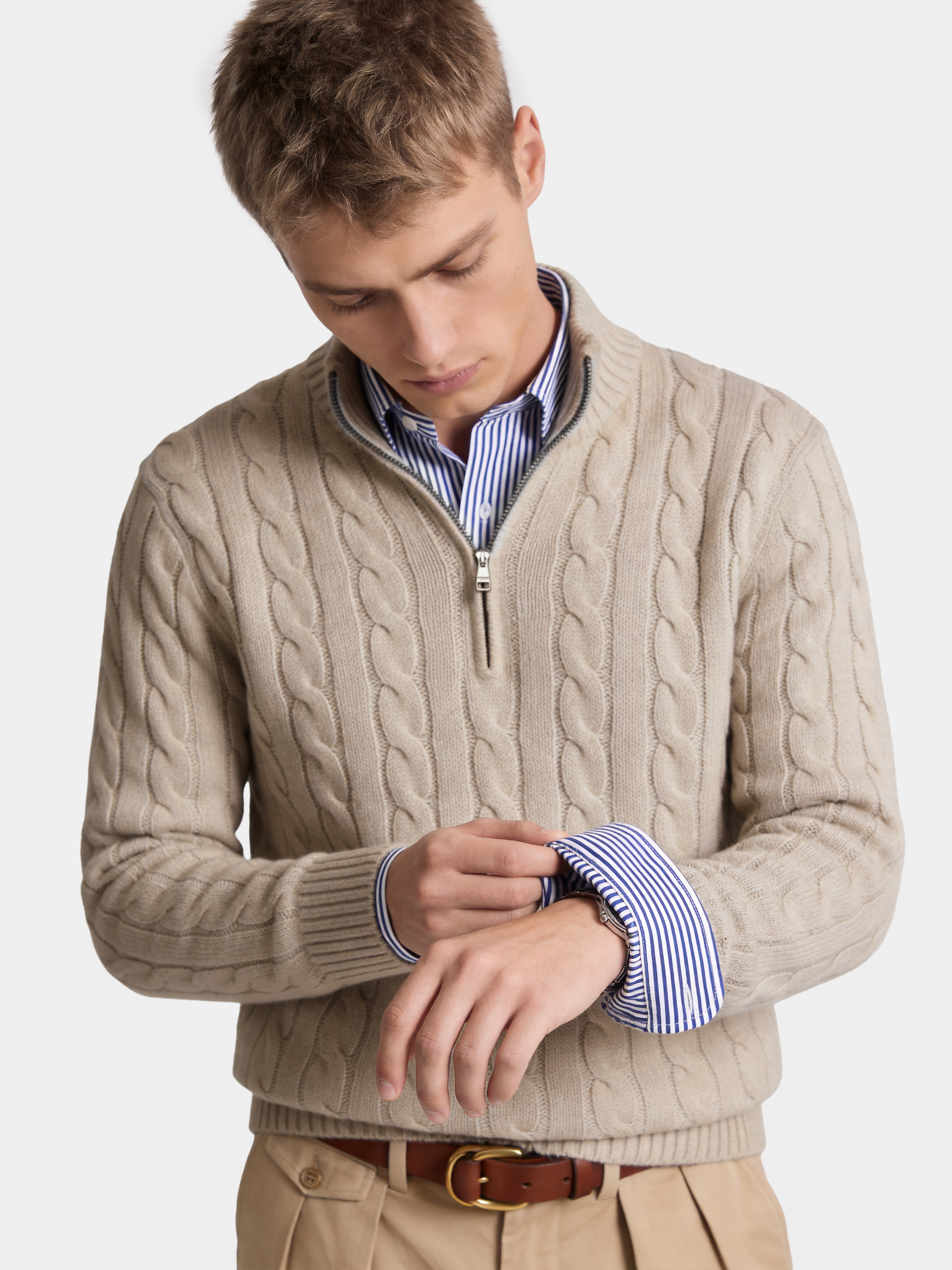 Men's 100% Cashmere Cable Knit Mock Neck Quarter-Zip Sweater