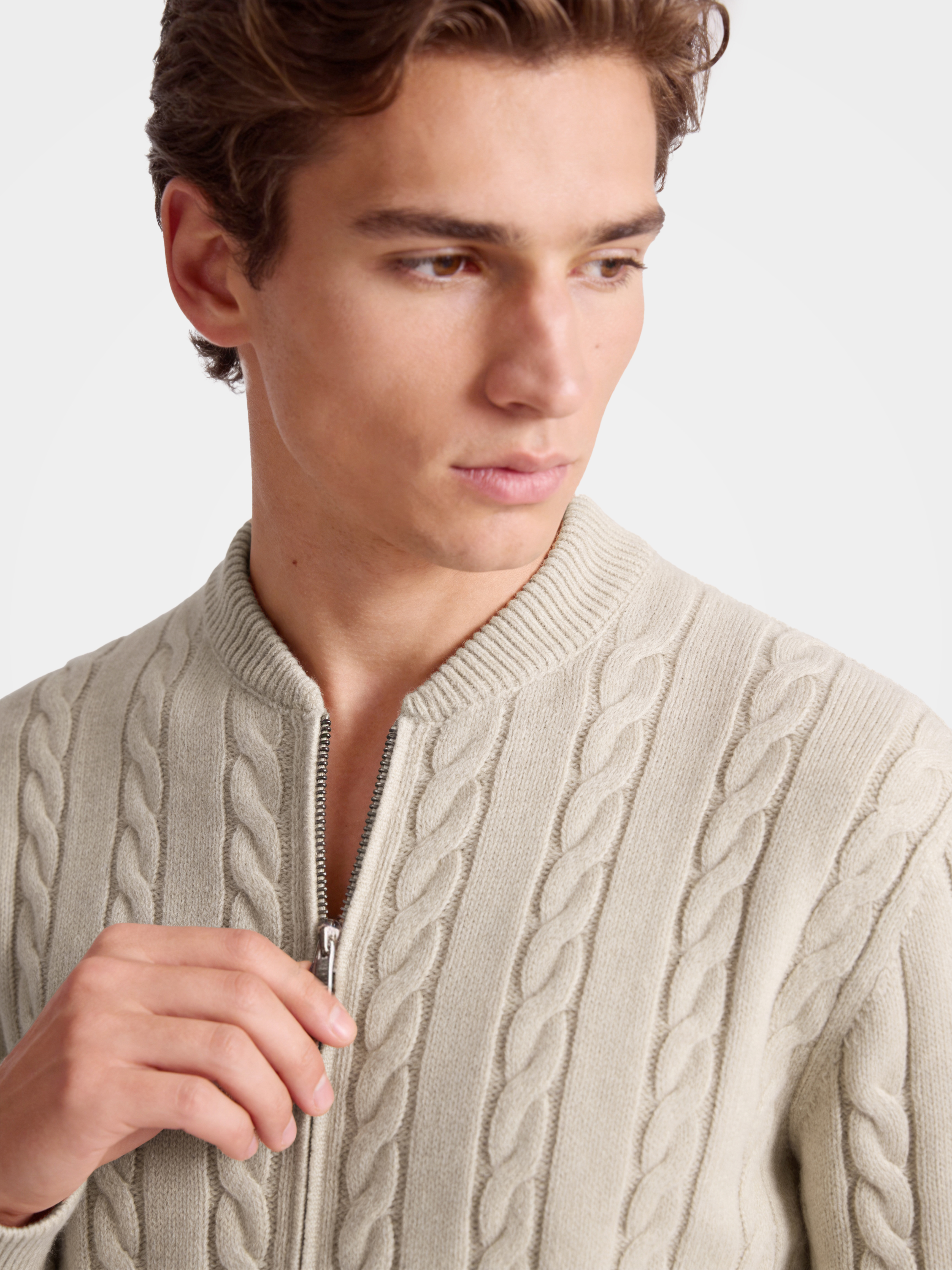 Men's 100% Cashmere Baseball Collar Zip Cable Knit Cardigan