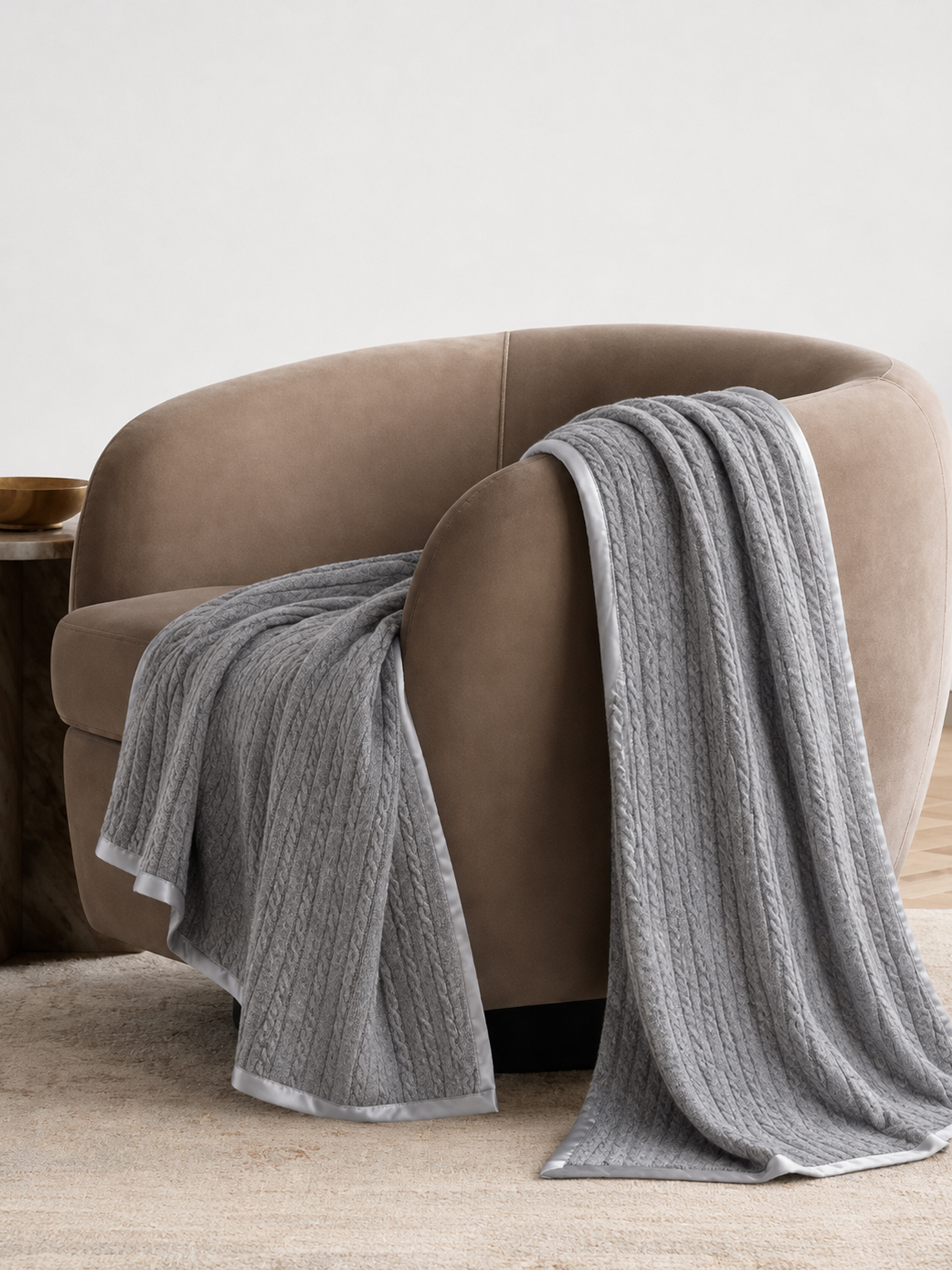 100% Cashmere Cable Knit Blanket with Satin Border