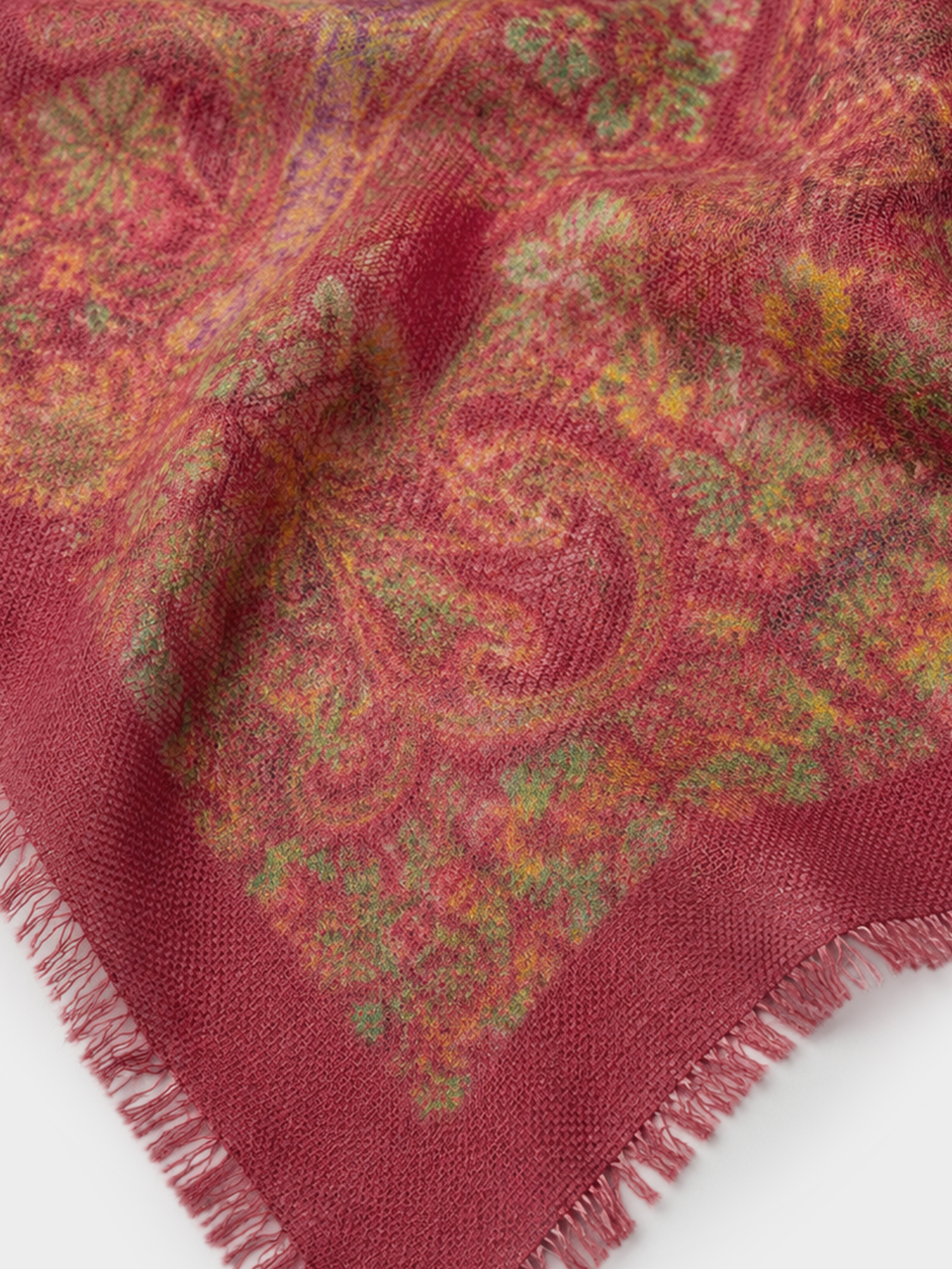 100% Cashmere Paisley Vintage Print Fringe Square Scarf