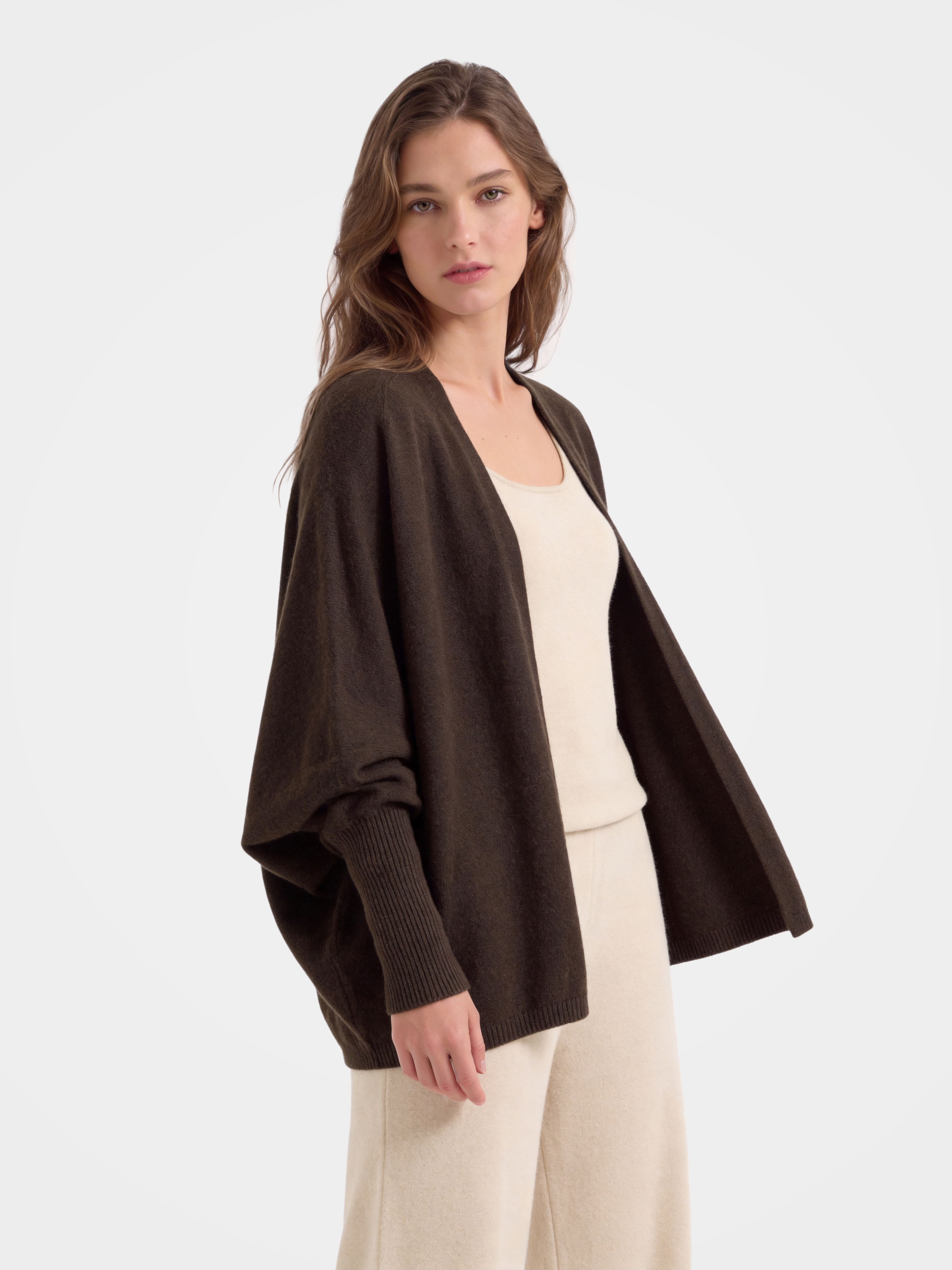 100% Cashmere Collarless Soft Dolman Sleeve Knit Cardigan