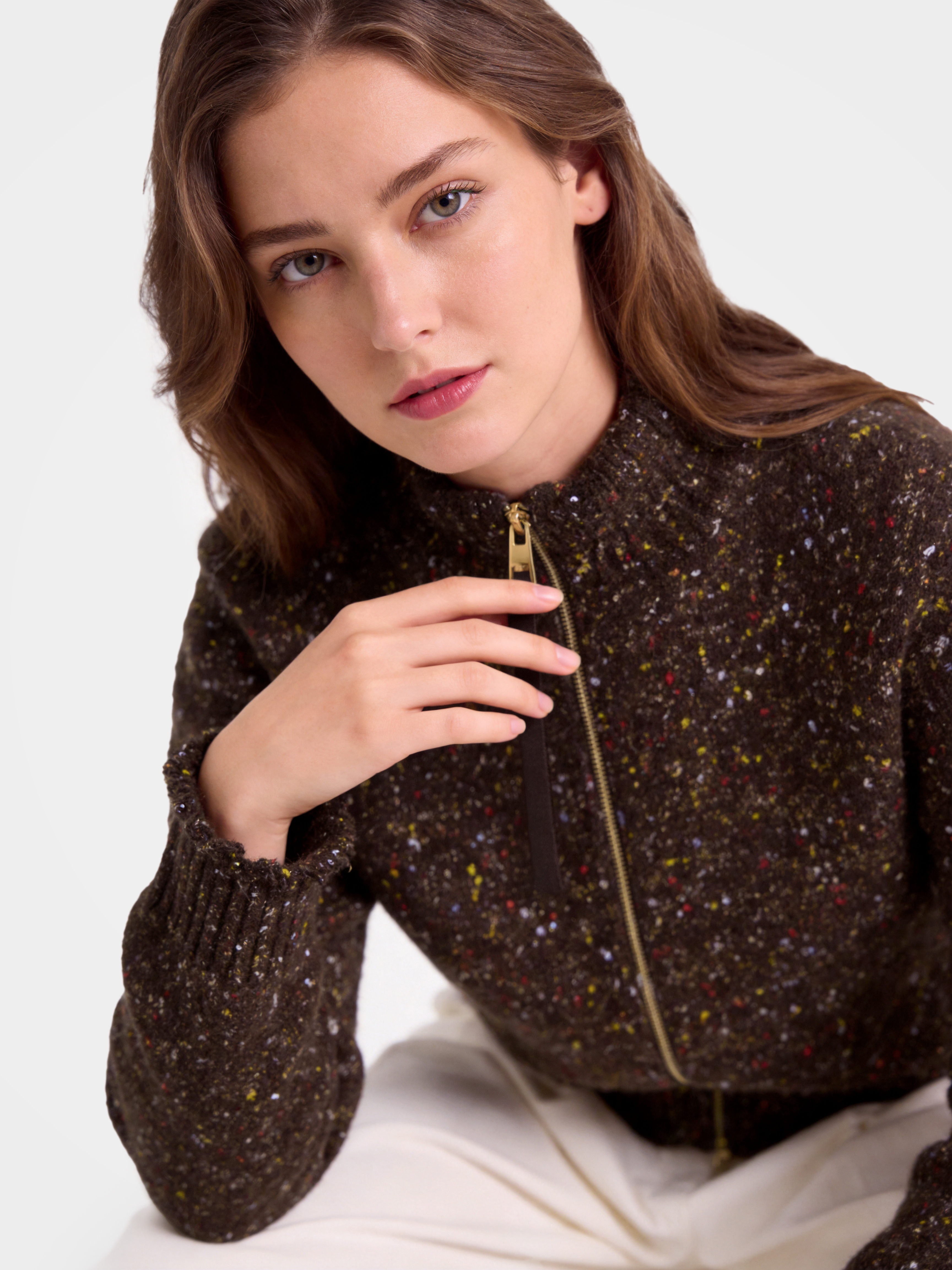 Cashmere Turtleneck Soft Shimmer Zip up Knit Cardigan