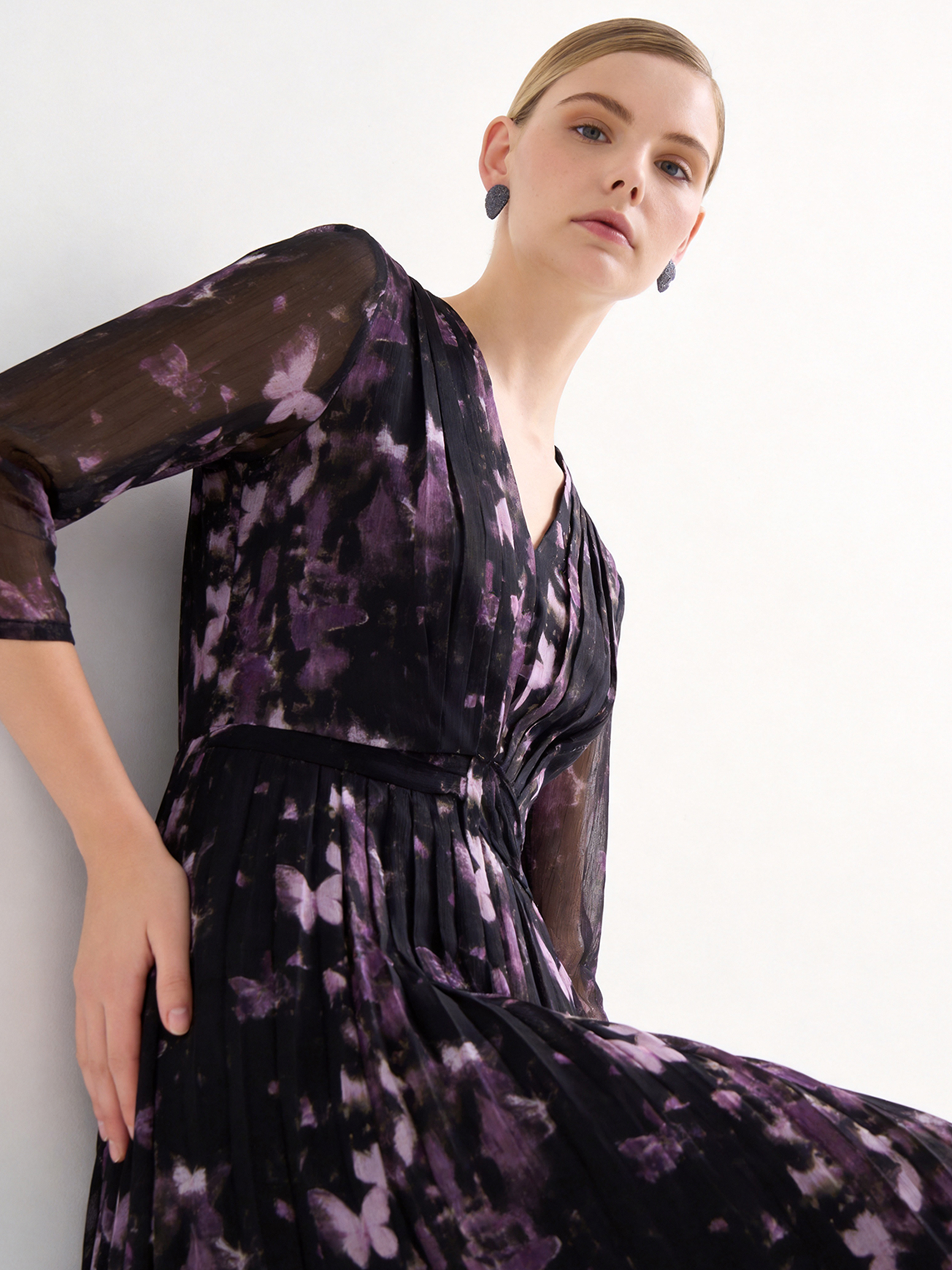 Sheer Printed Mulberry Silk Midi-Length Dress