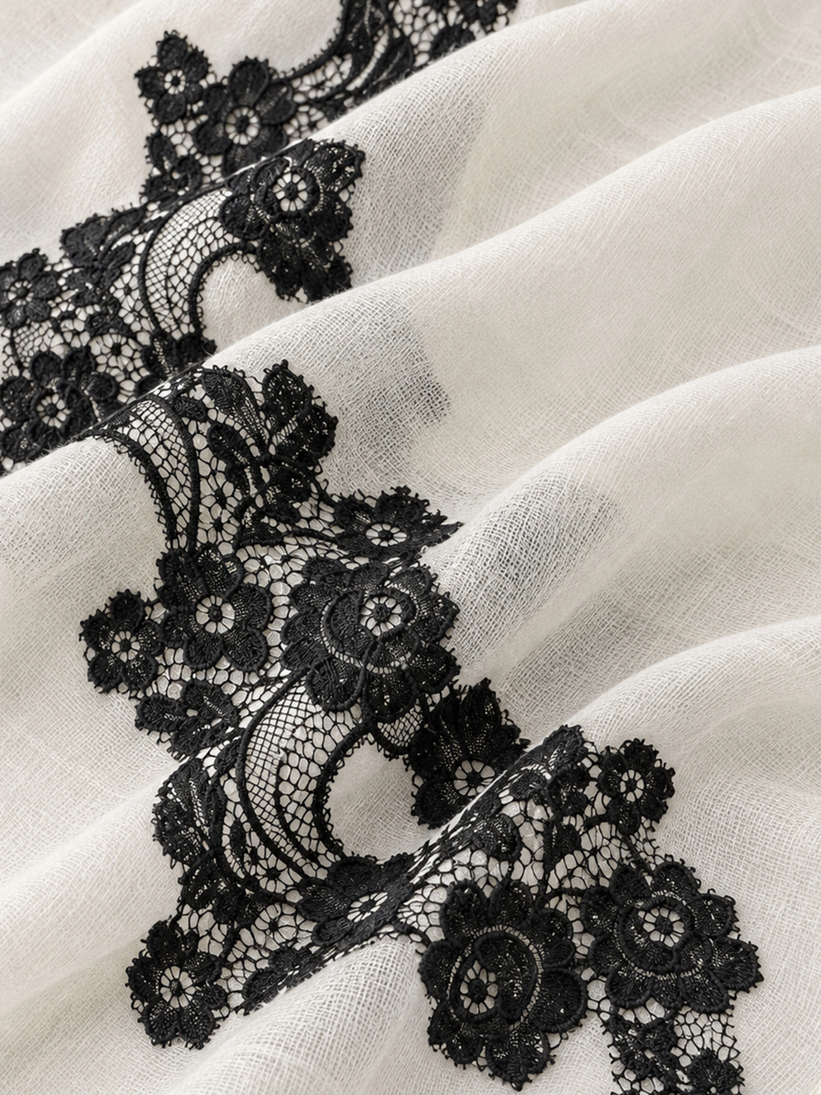 100% Cashmere Textured Lace Floral Long Scarf