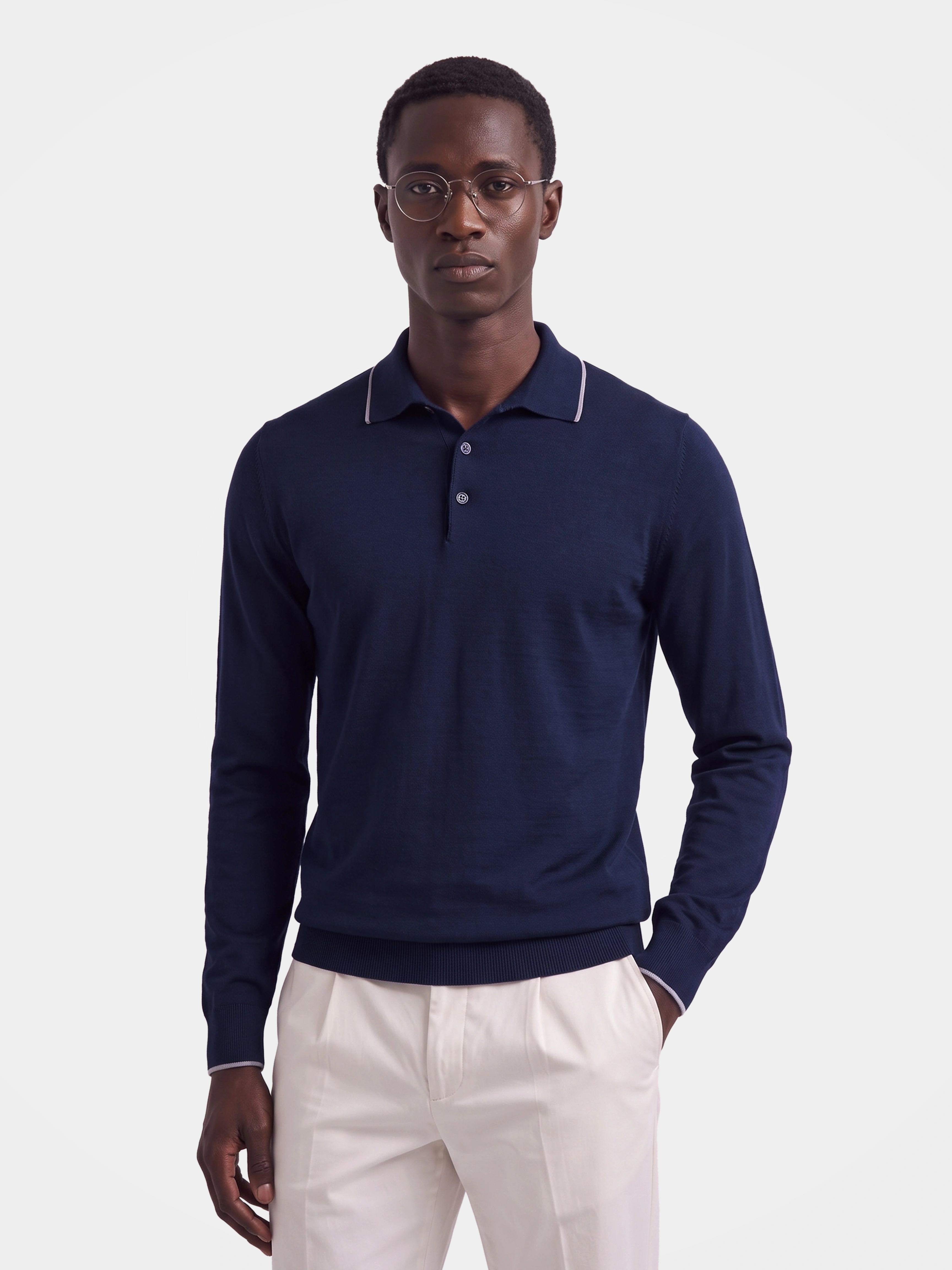 Men's Lightweight 100% Wool Long Sleeve Fine-Knit Polo