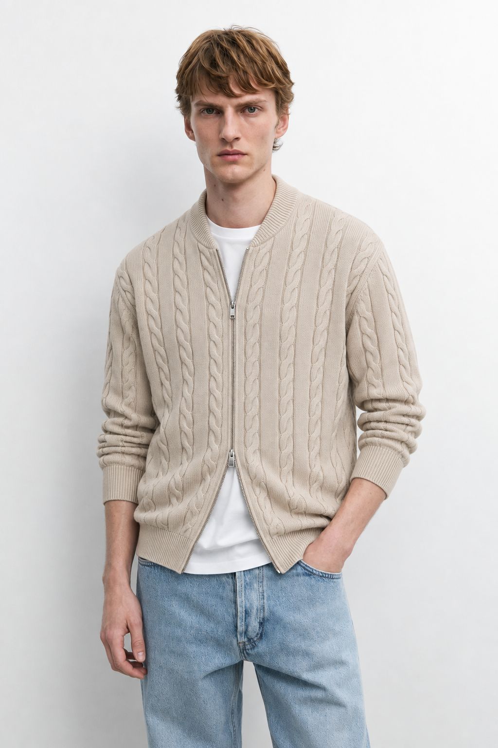 Men's 100% Cashmere Baseball Collar Zip Cable Knit Cardigan