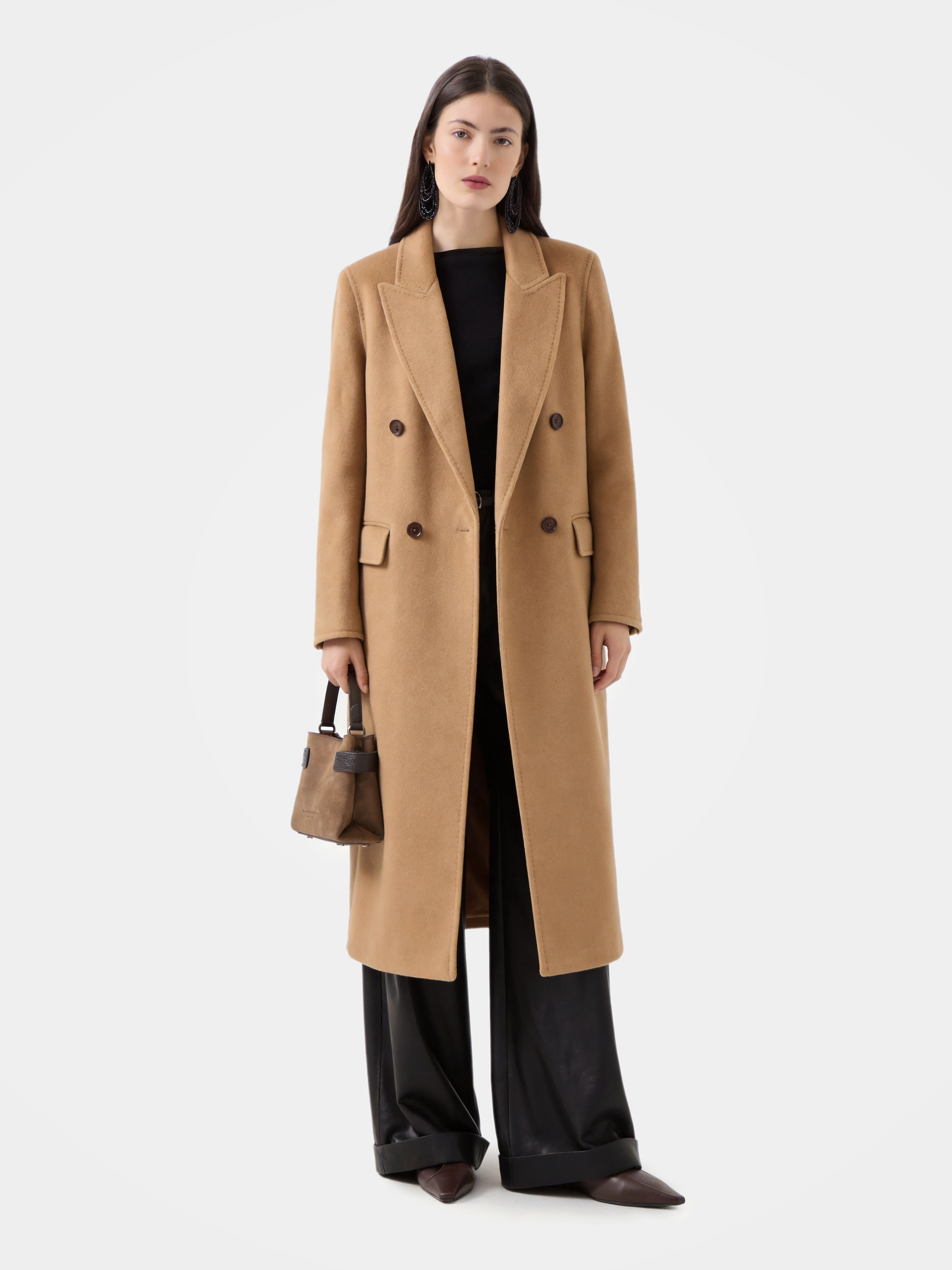 Wool Blend Double Breasted Long Coat Classic Notched Lapel Longline Jacket