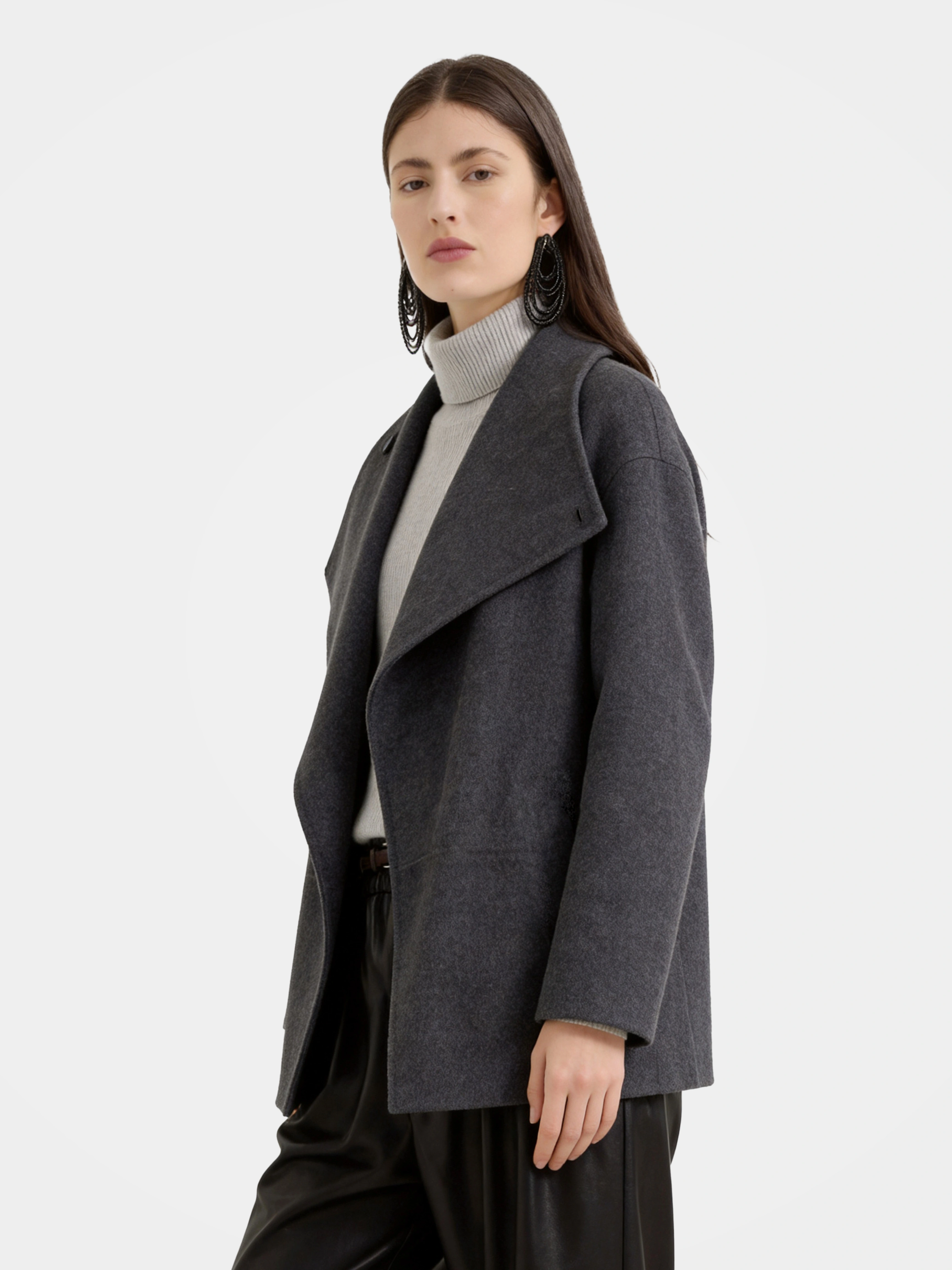 100% Wool Wrap Coat Double-Breasted Shawl Collar Open Front Warm Casual Jacket
