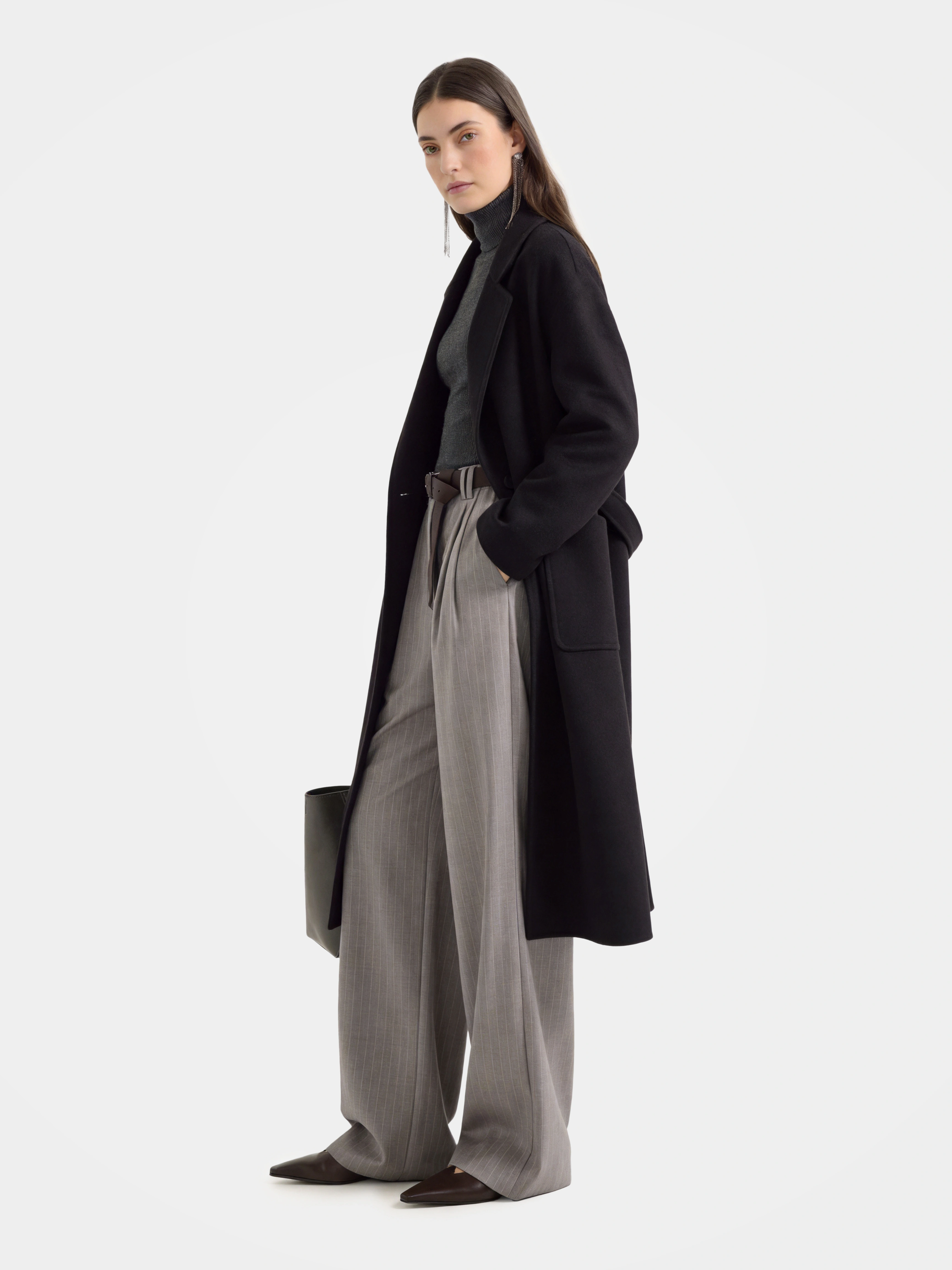 Wool Long Wool Blend Coat Open Front Tailored Overcoat with Notched Lapels bathrobe