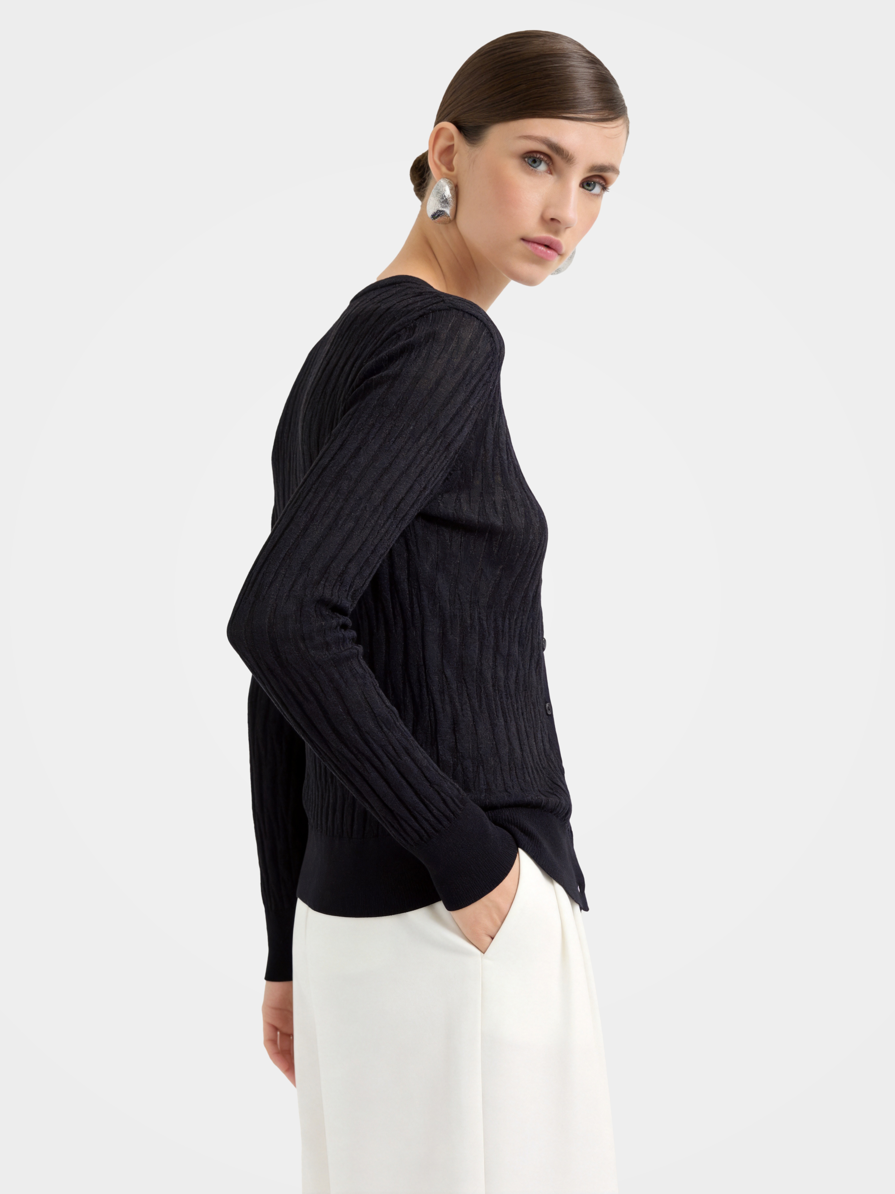 Sheer Tencel Silk Blend Rib Knit Cardigan Top