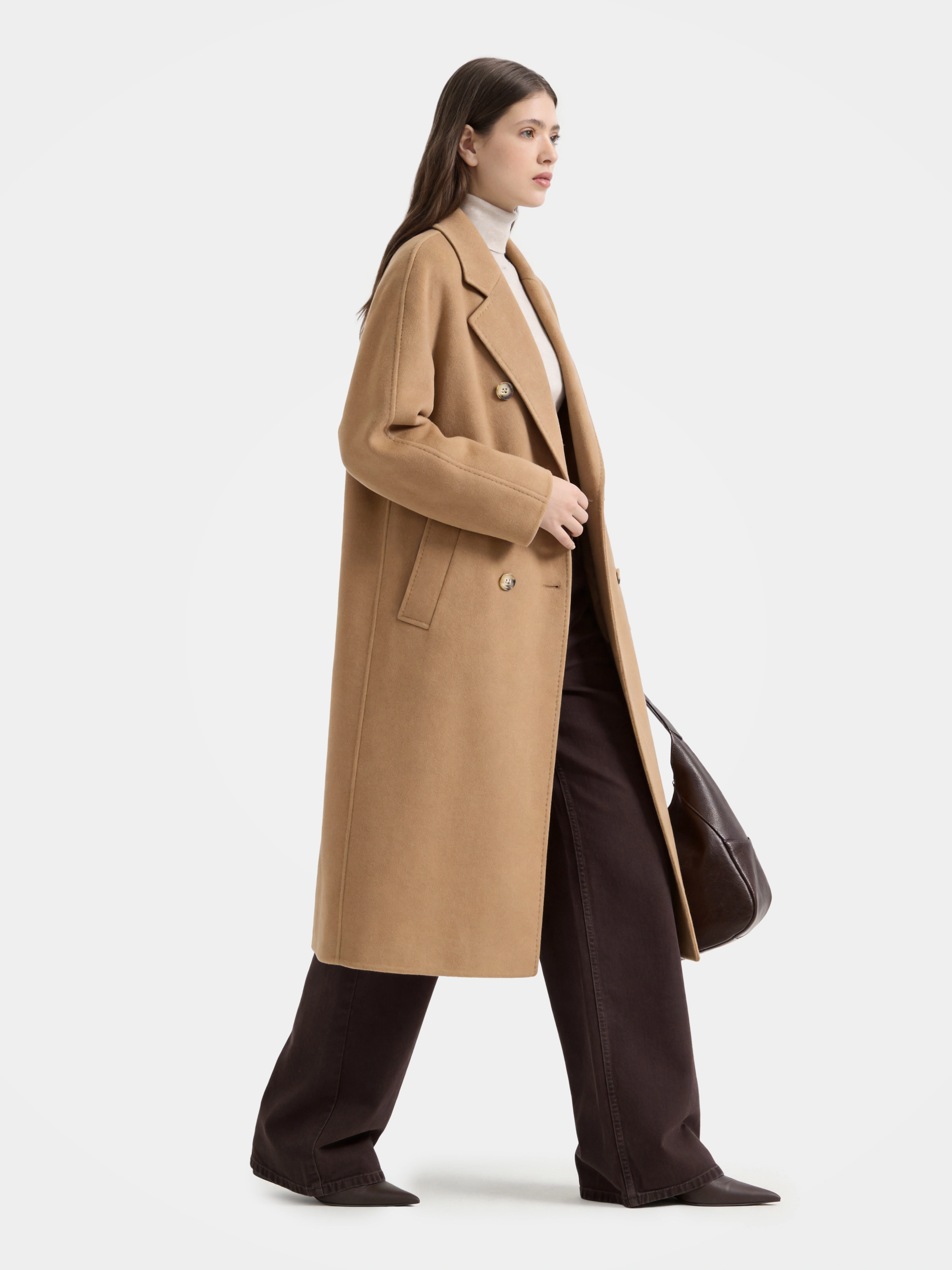 Wool Double Breasted Long Coat Notched Lapel Tailored Overcoat