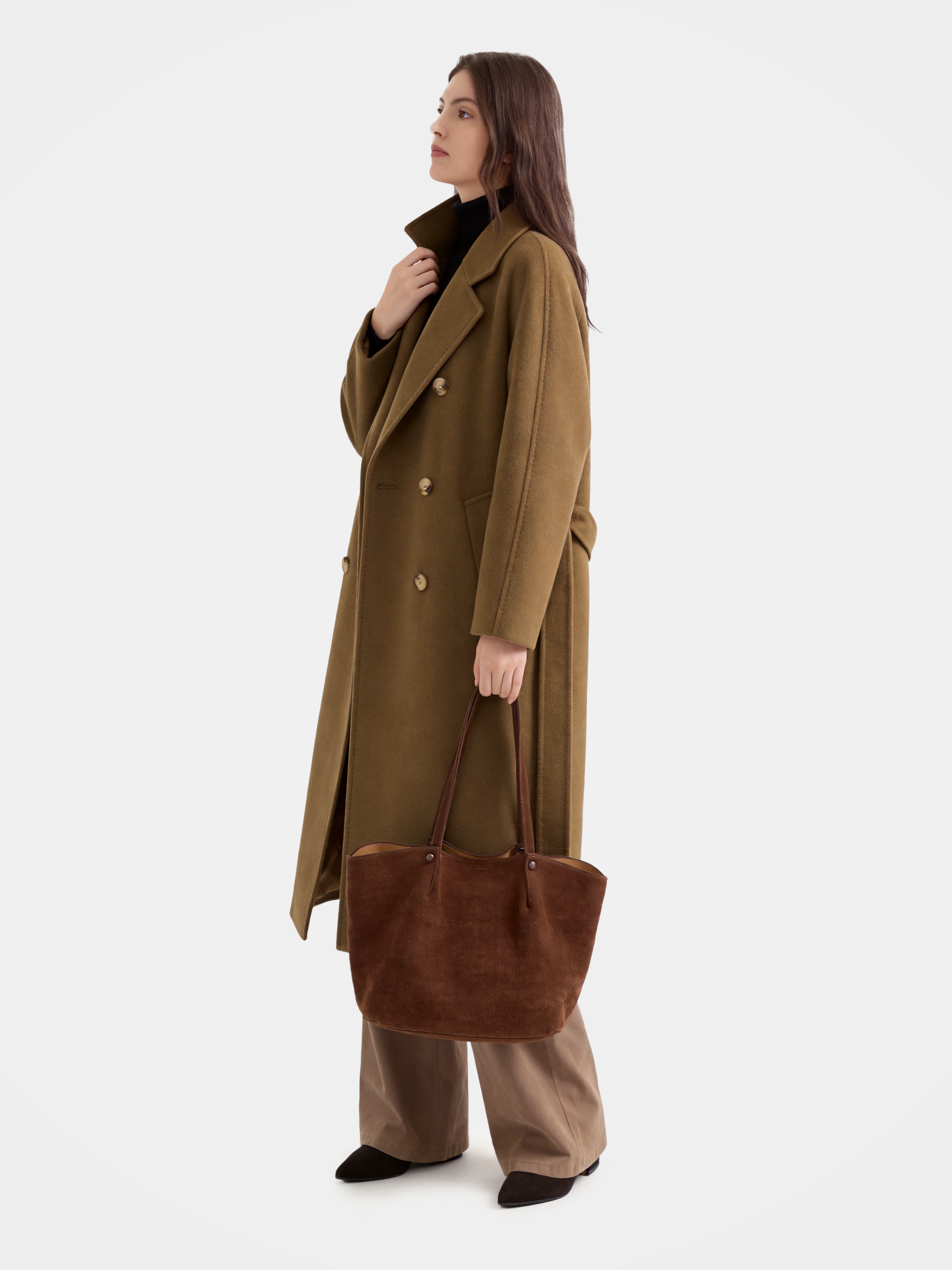 Wool Double Breasted Long Coat Notched Lapel Tailored Overcoat