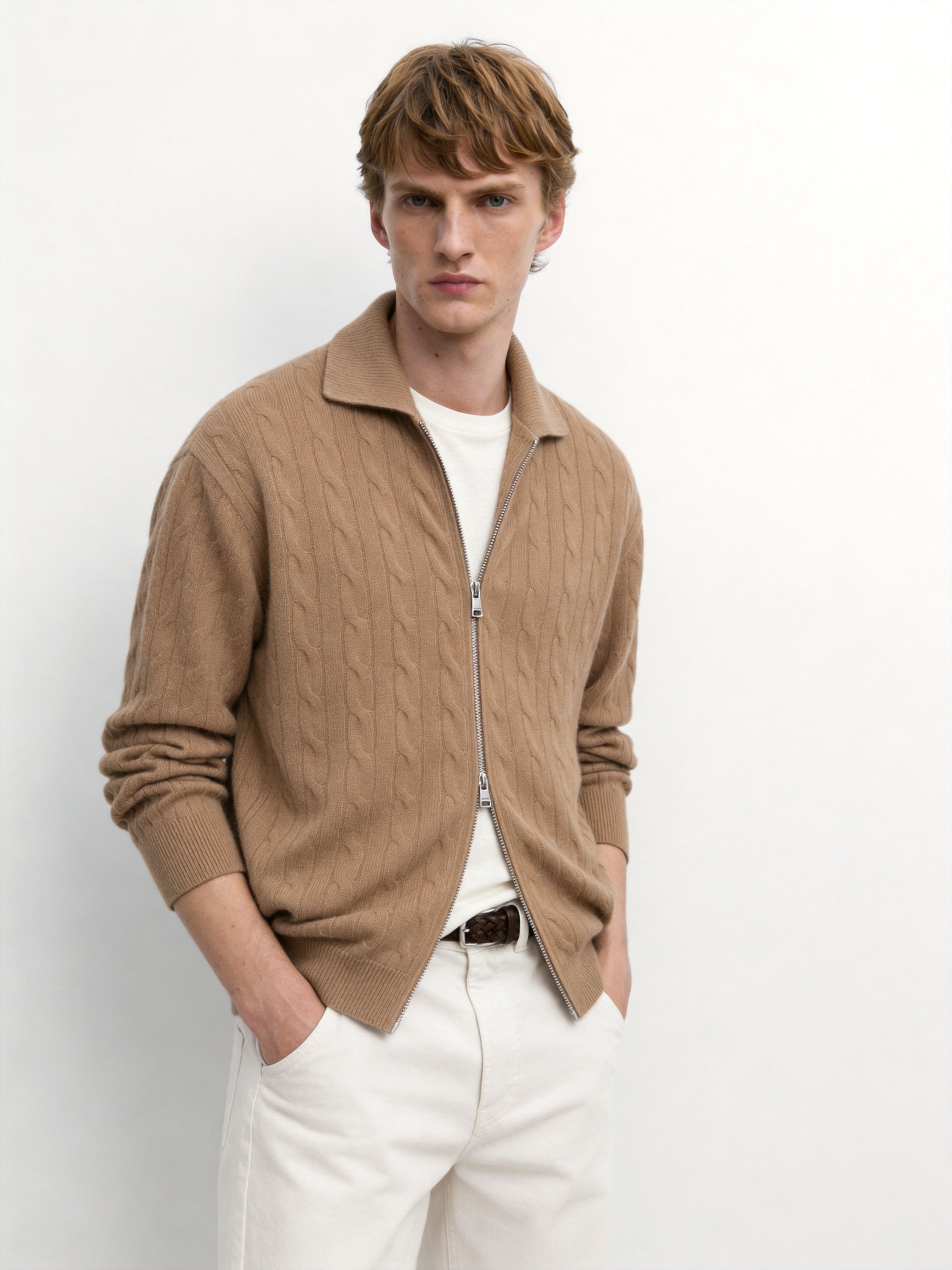 Men's 100% Cashmere Collared Zip Cable Knit Cardigan