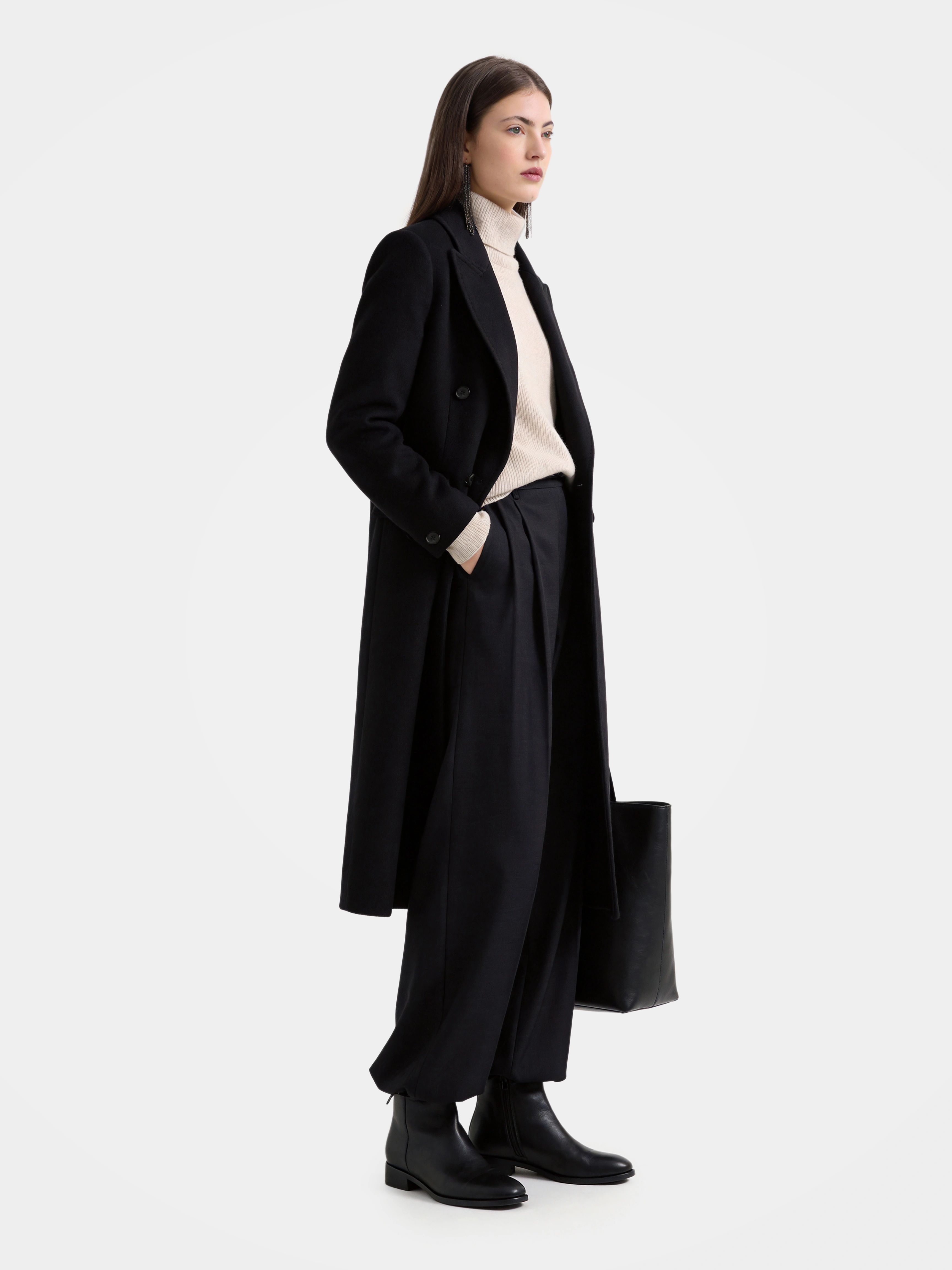 100% Cashmere Notched Lapel Double-Breasted Long Coat