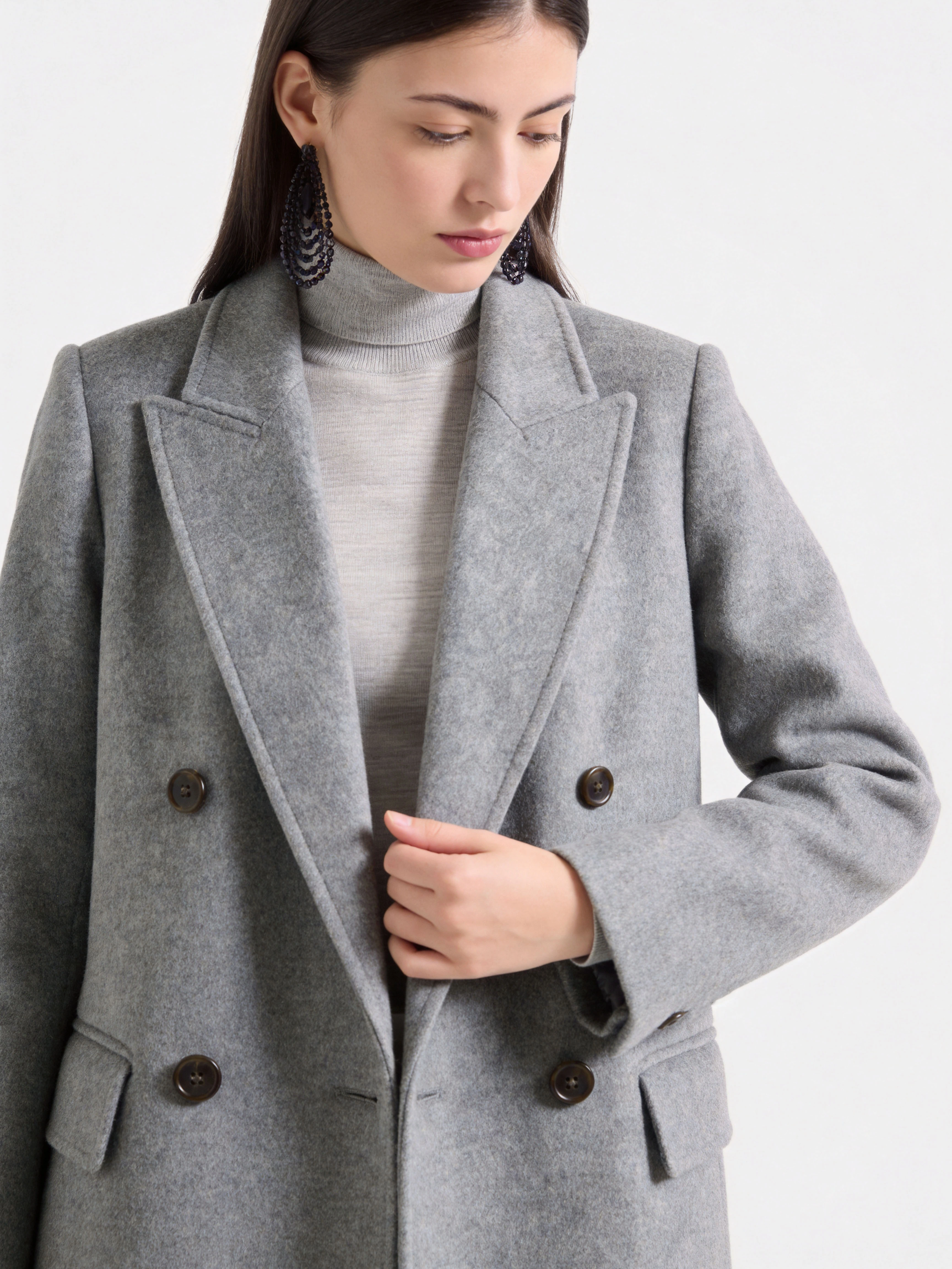 100% Cashmere Notched Lapel Double-Breasted Long Coat