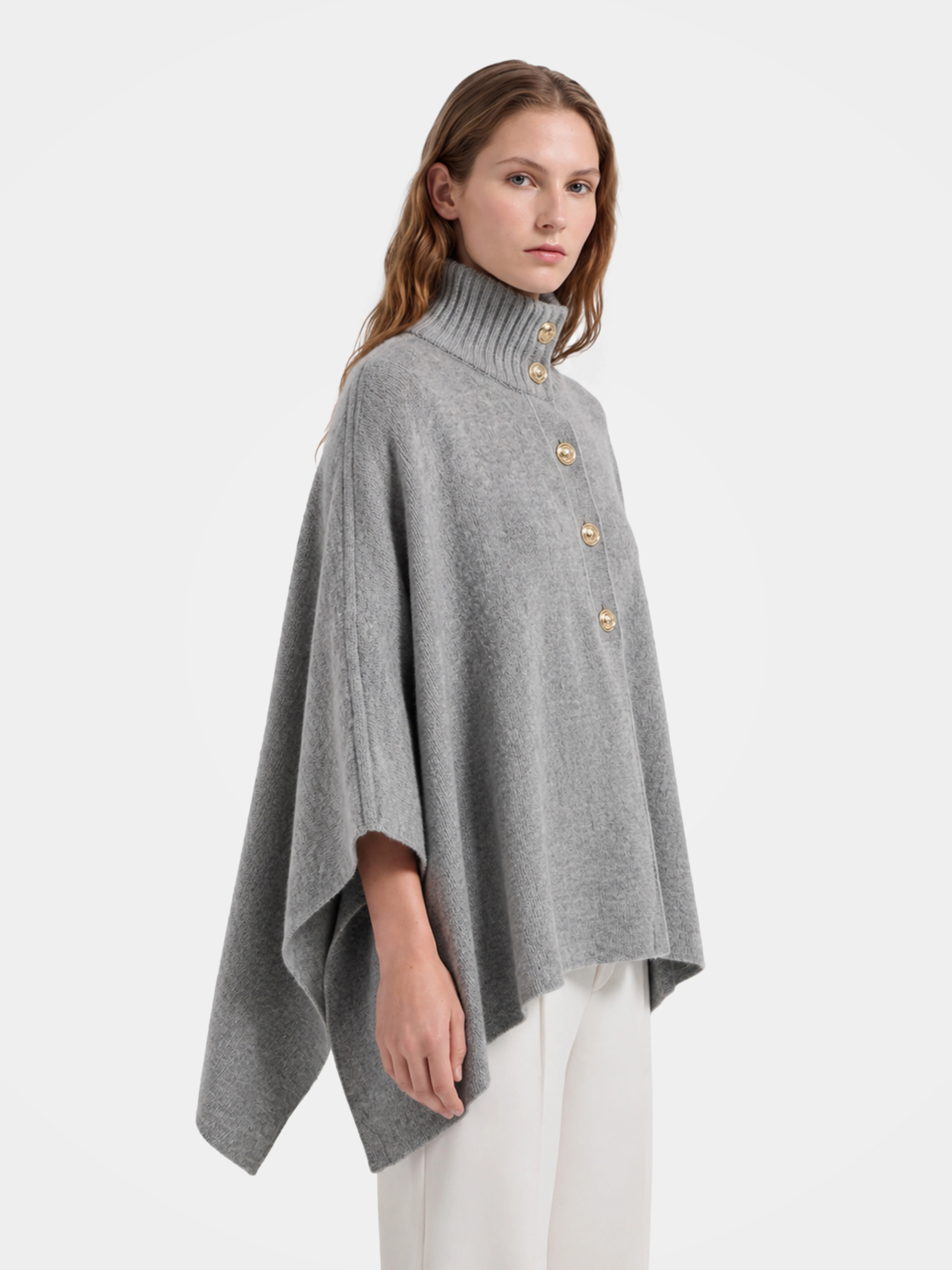 100% Wool Turtleneck Button-Placket Knit Cape