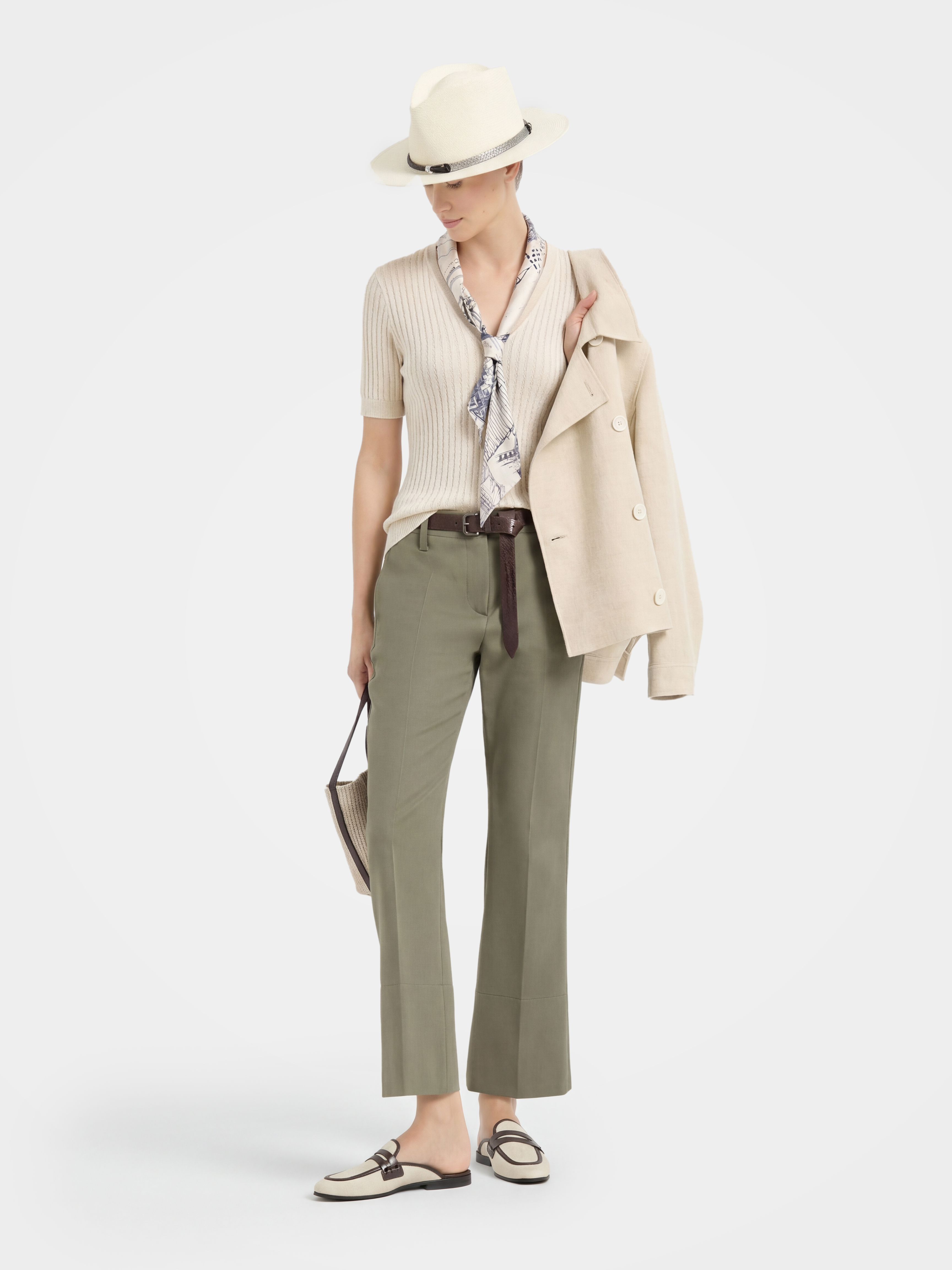 Soft Cotton Ribbed Knit V Neck Top with Silk Scarf