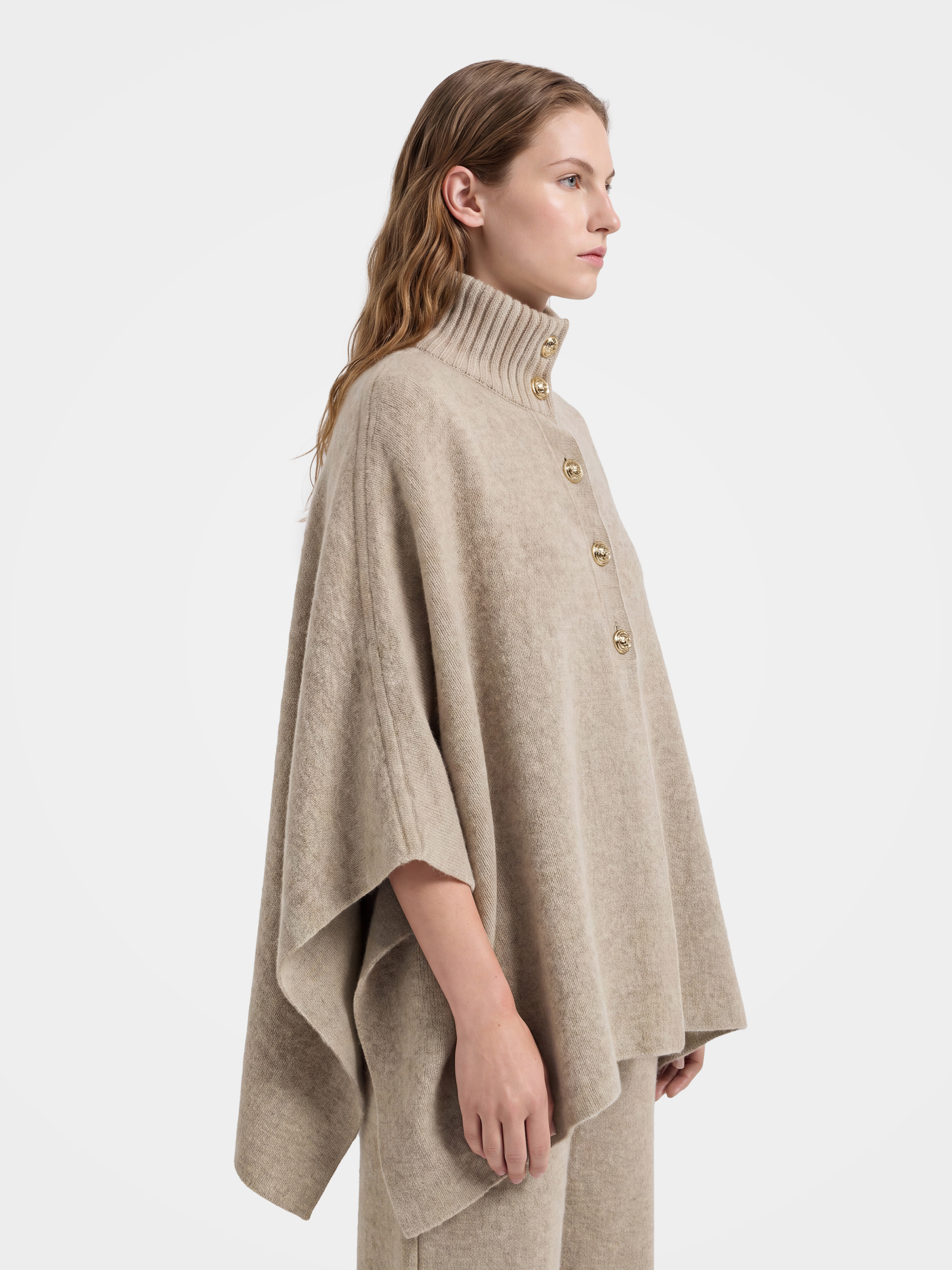 100% Wool Turtleneck Button-Placket Knit Cape