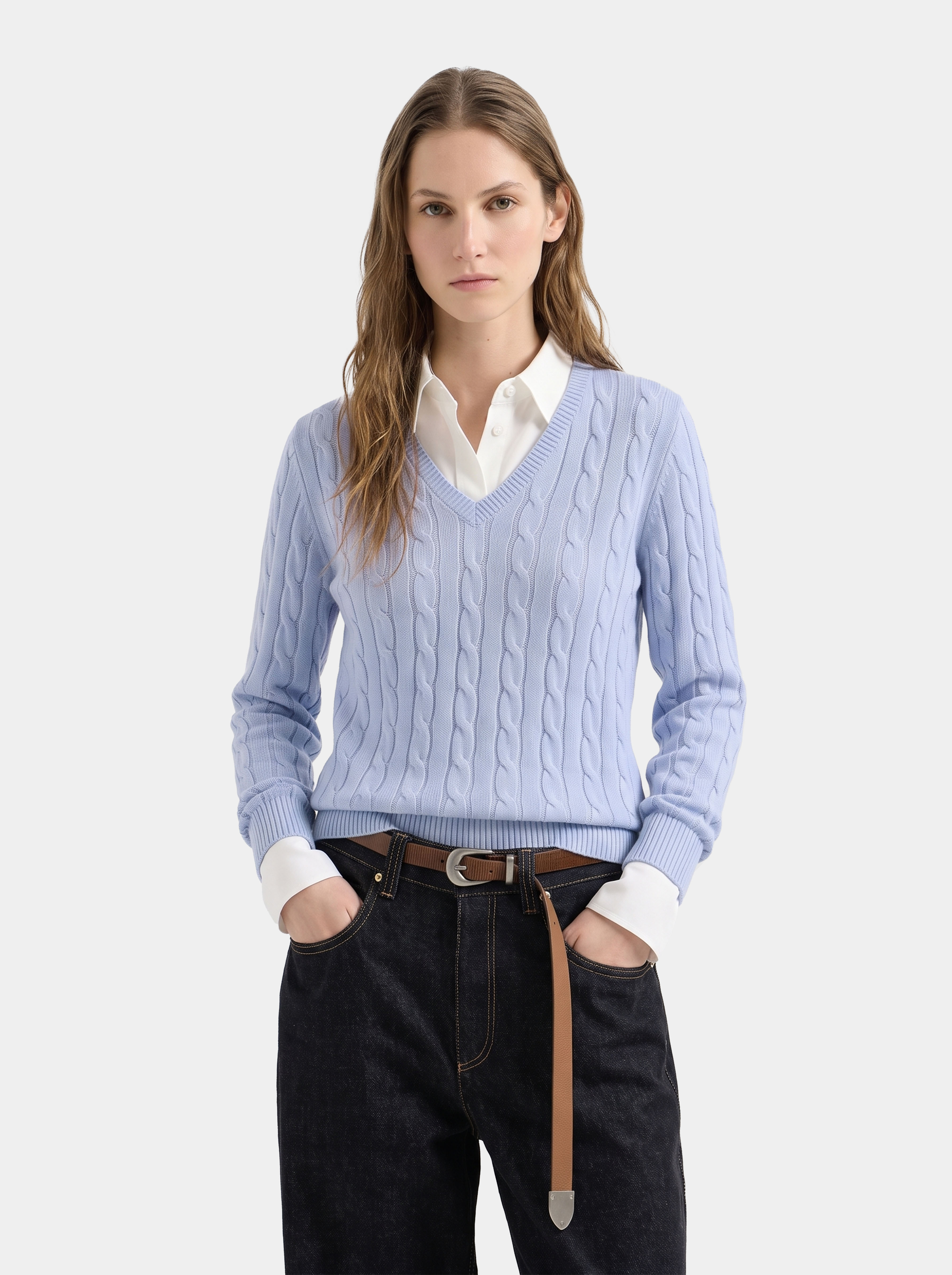 100% Mongolian Cashmere Classic Cable Knit V-Neck Sweater