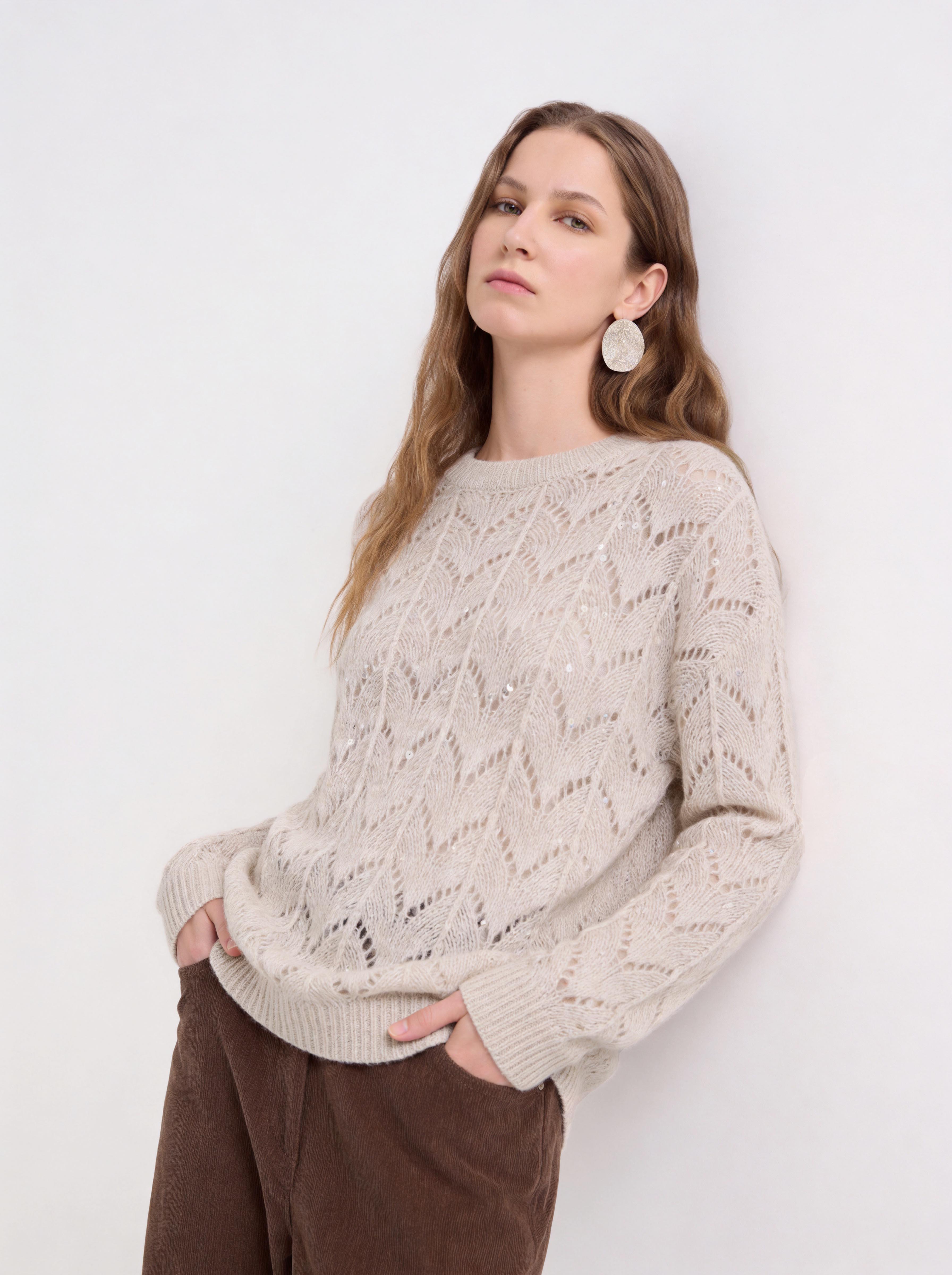 Cashmere Openwork Knit Crew Neck Sequin Sweater