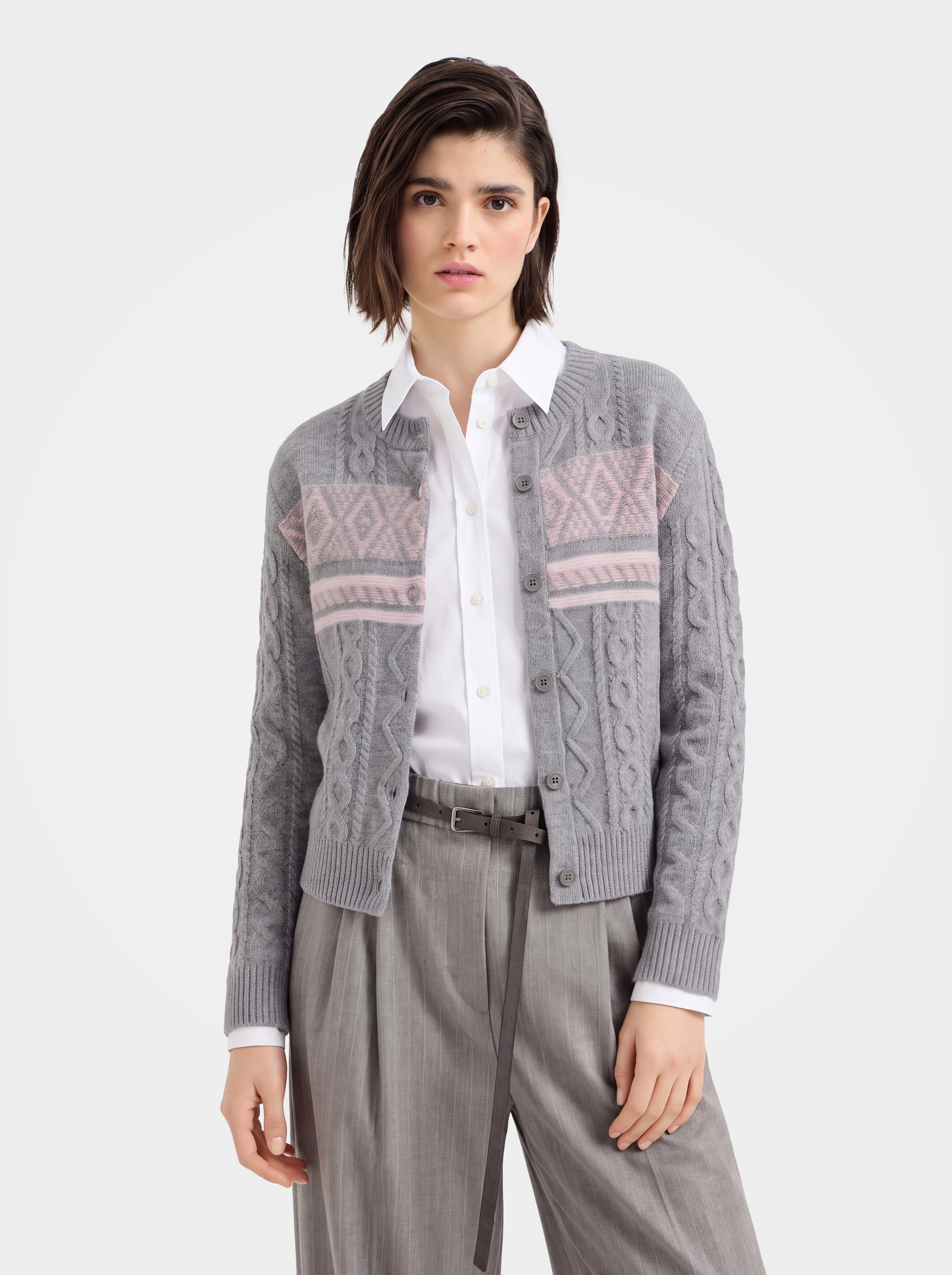 100% Cashmere Cable Knit Crew Neck Cardigan