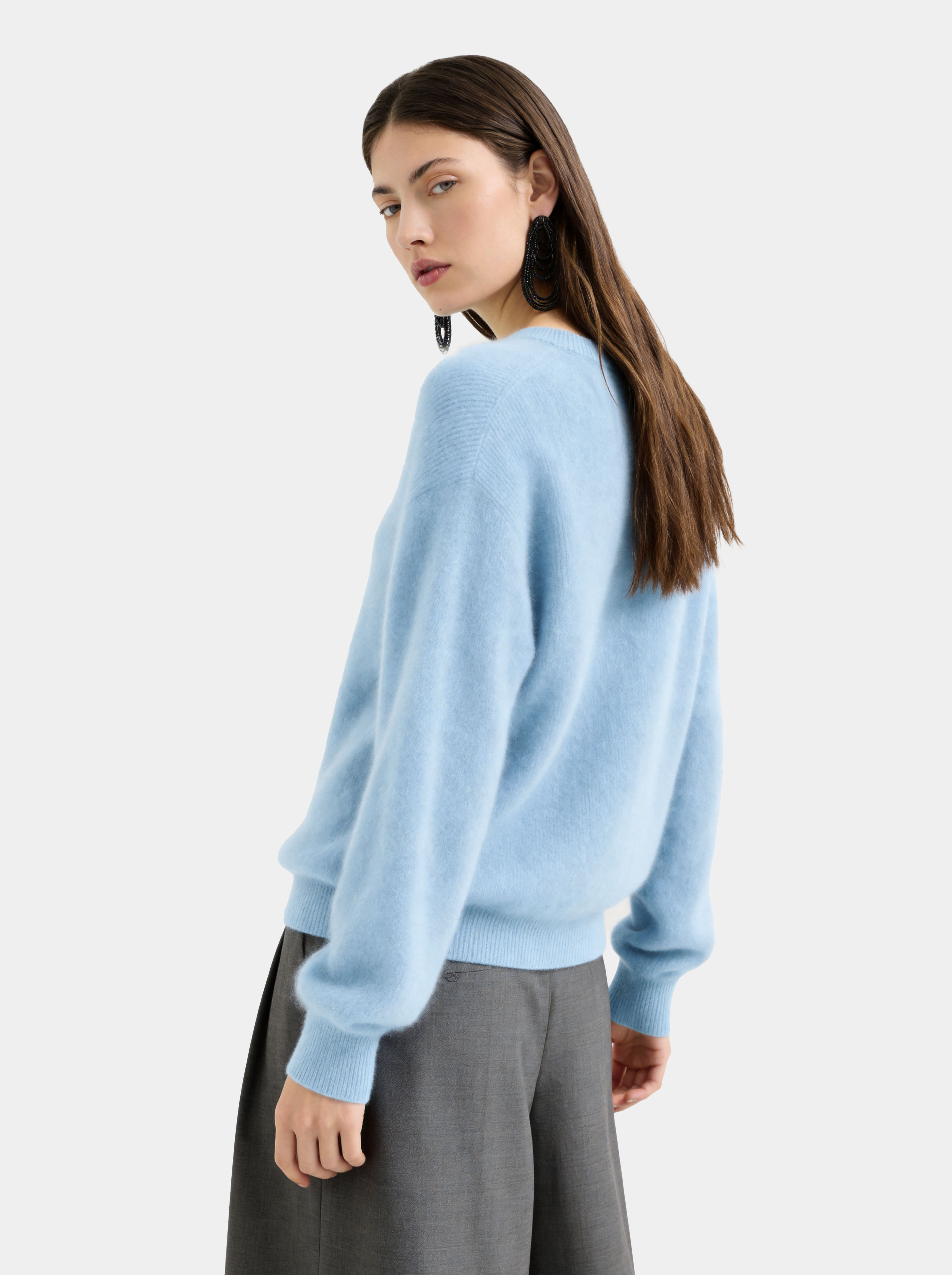 Wool Blend Brushed Crew Neck Long Sleeve Sweater