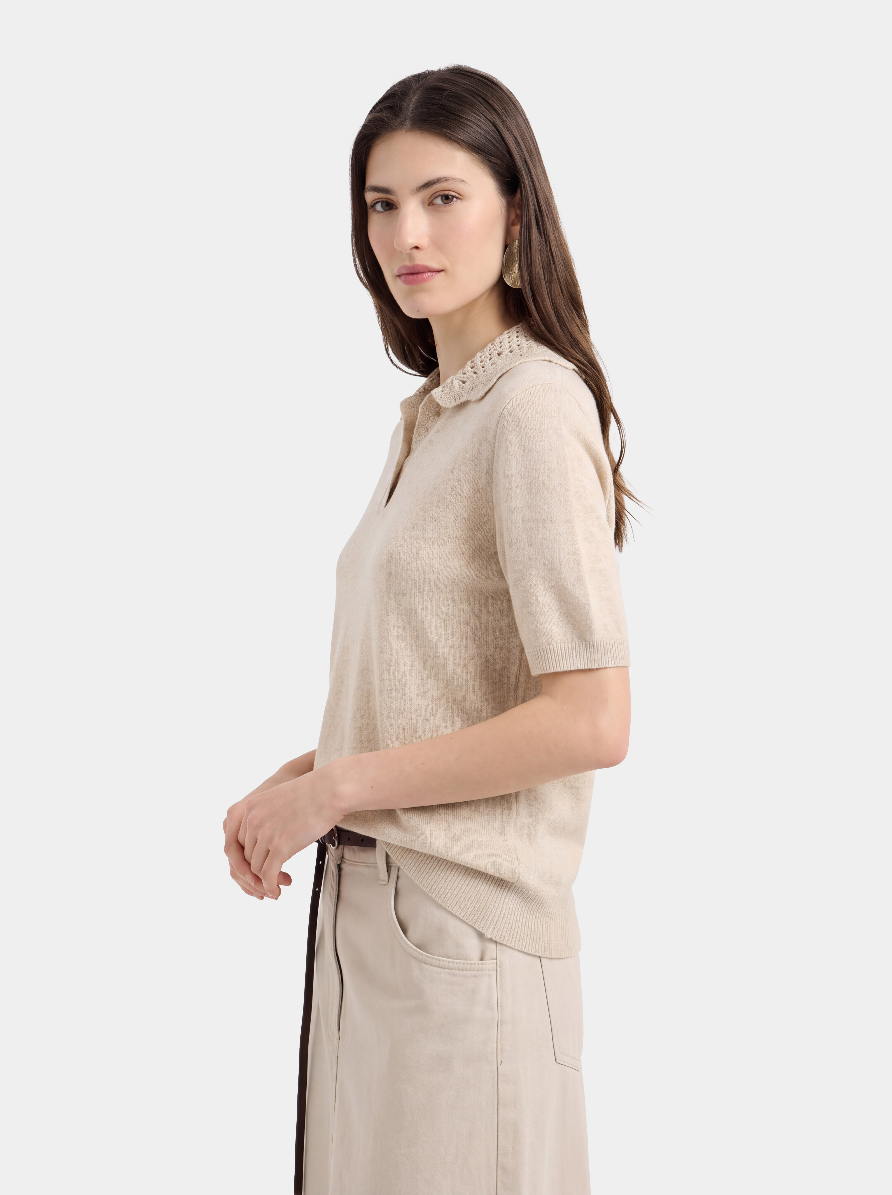 100% Cashmere Openwork Knit Polo Short Sleeve Top