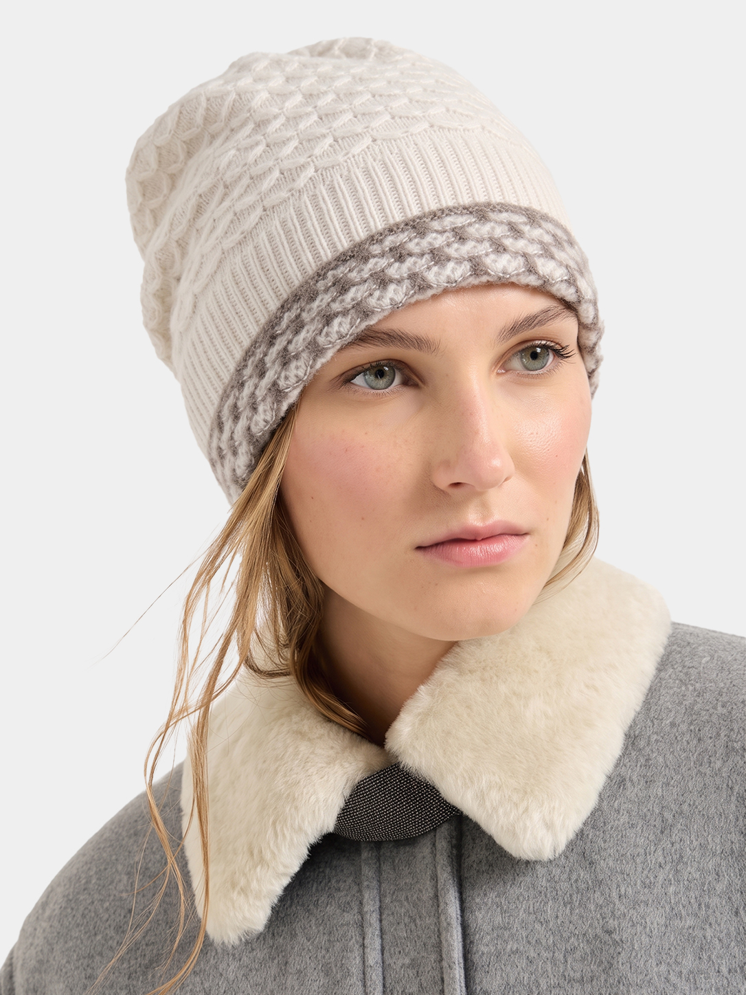 100% Cashmere Textured Knit Contrast Cuff Beanie