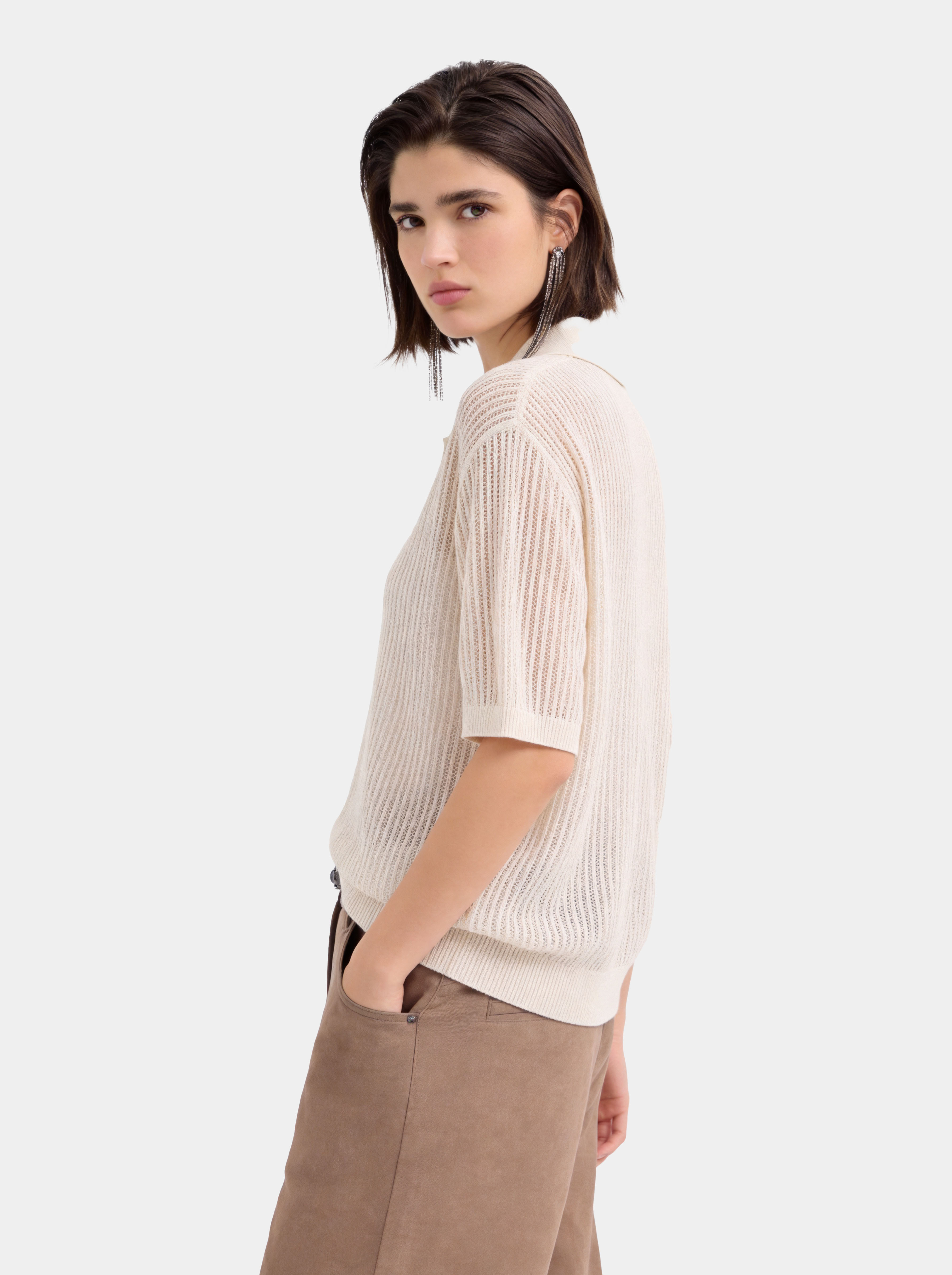 Cotton Silk Blend Open Knit Short Sleeve Polo Top