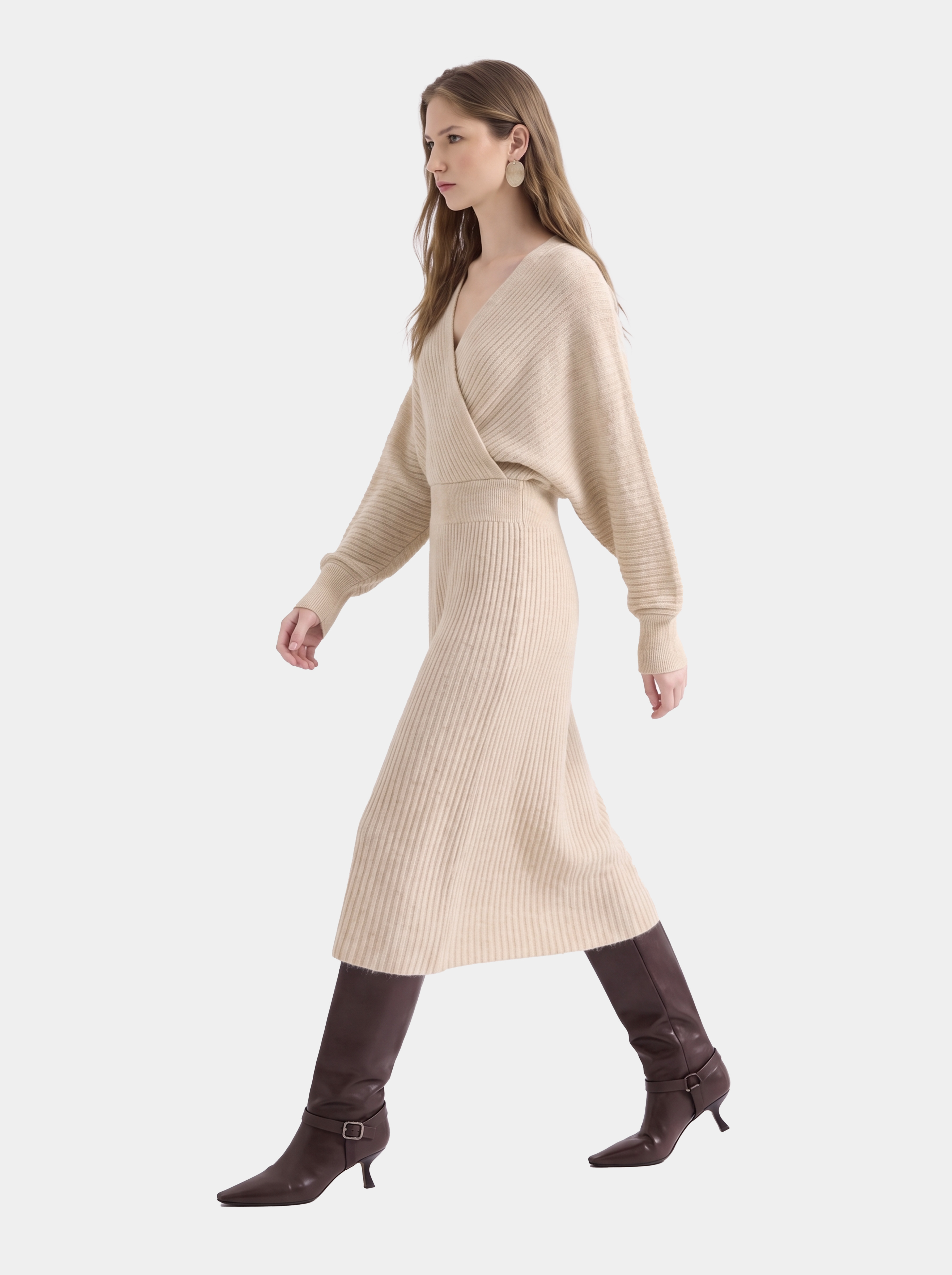 100% Cashmere Surplice V Neck Ribbed Long Sleeve Midi Sweater Dress