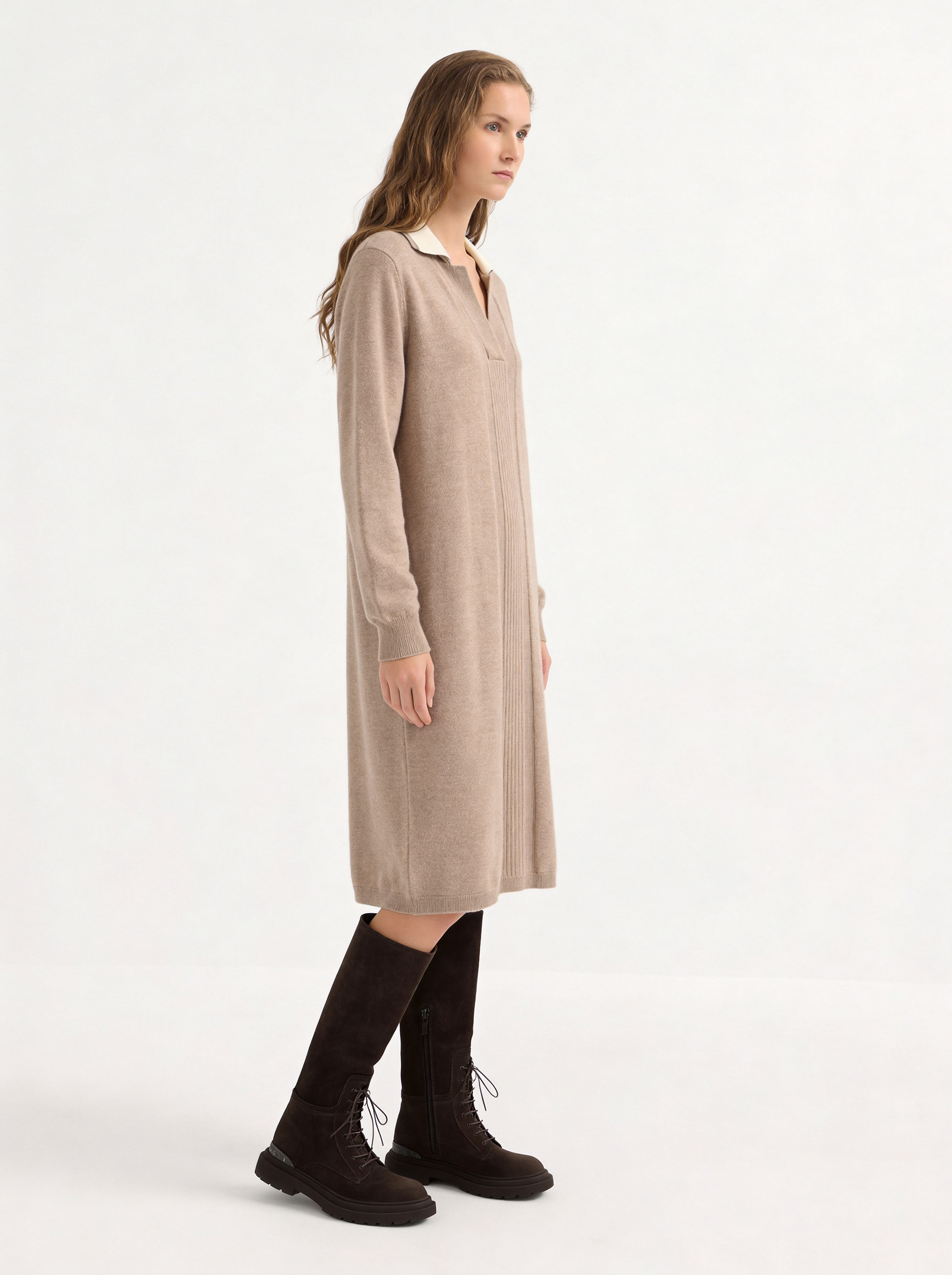 100% Cashmere V Neck Collared Long Sleeve Midi Sweater Dress