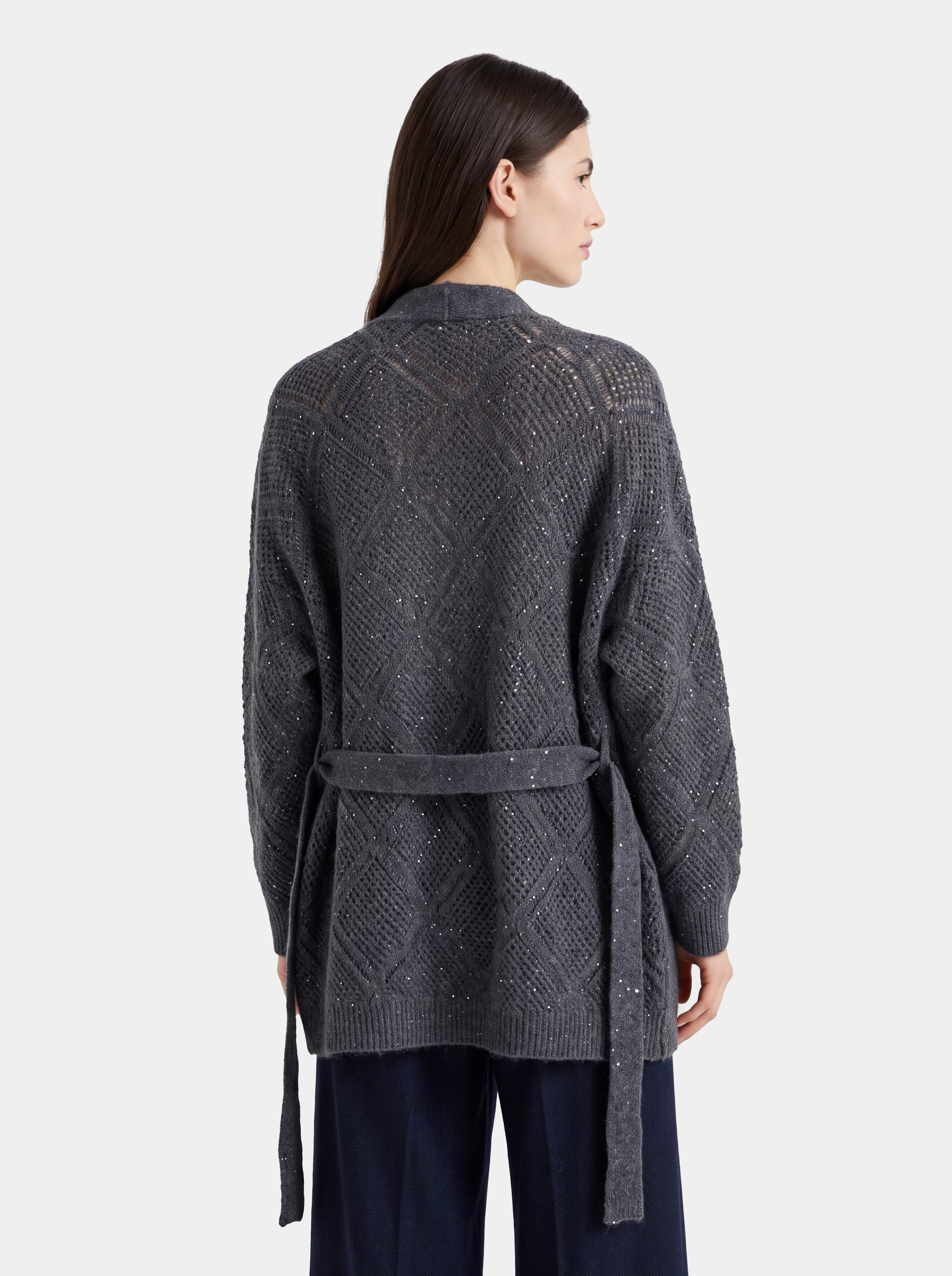 100% Cashmere Textured Open Front Belted Longline Cardigan