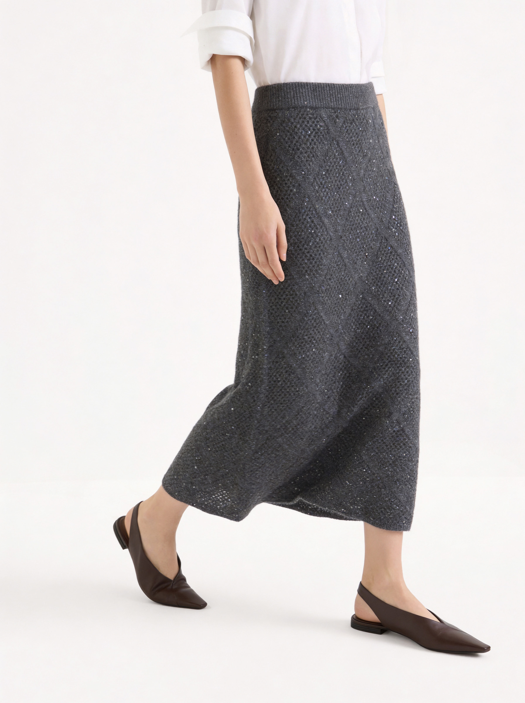 100% Mongolian Cashmere Diamond Textured Sparkle Knit Midi Skirt
