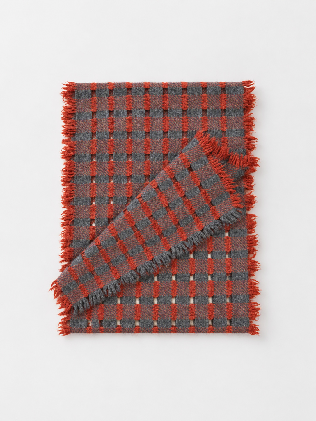 100% Cashmere Checkered Openwork Fringe Long Scarf