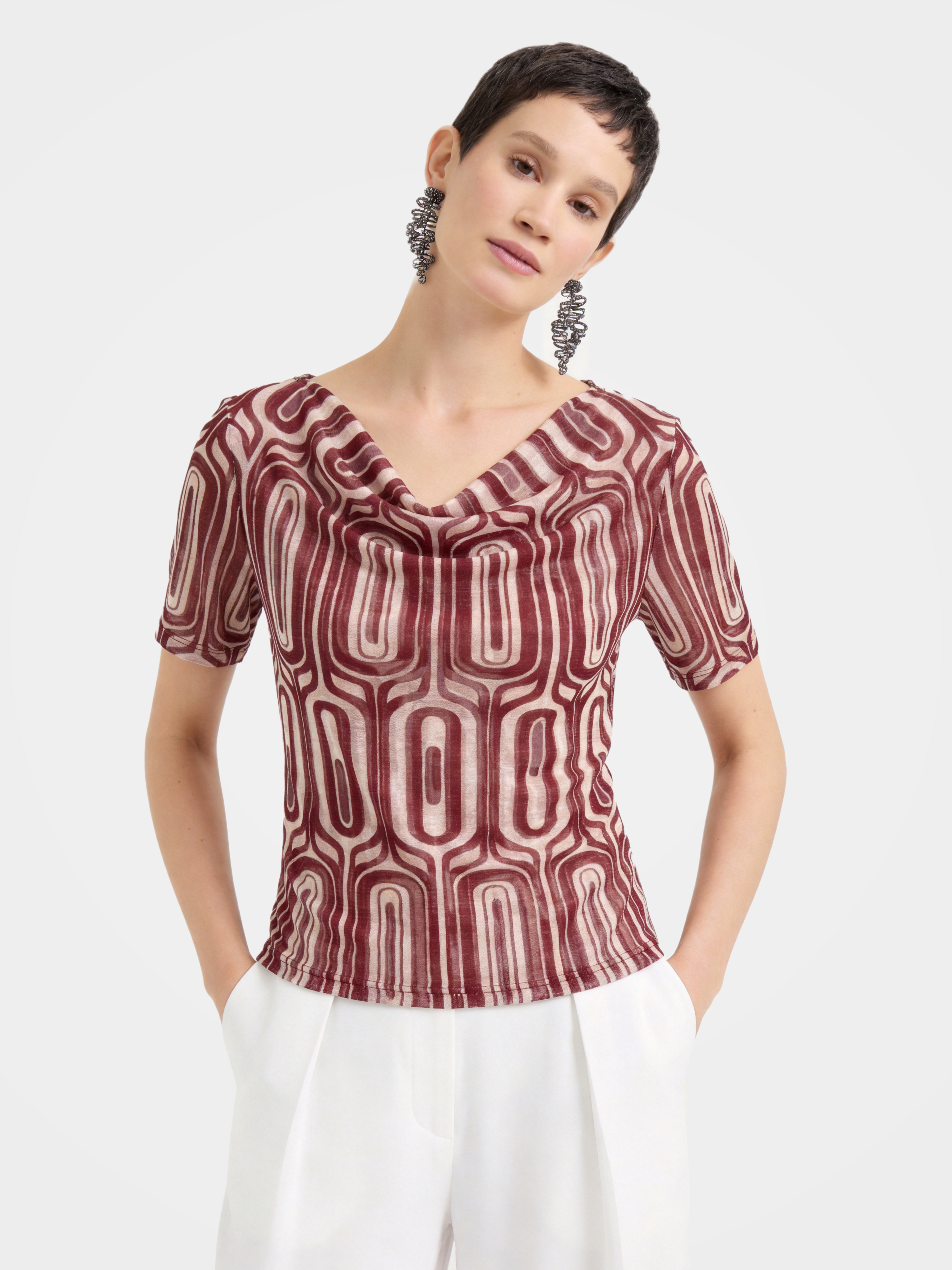 Printed Breathable Silk Cowl Neck Short Sleeve Top