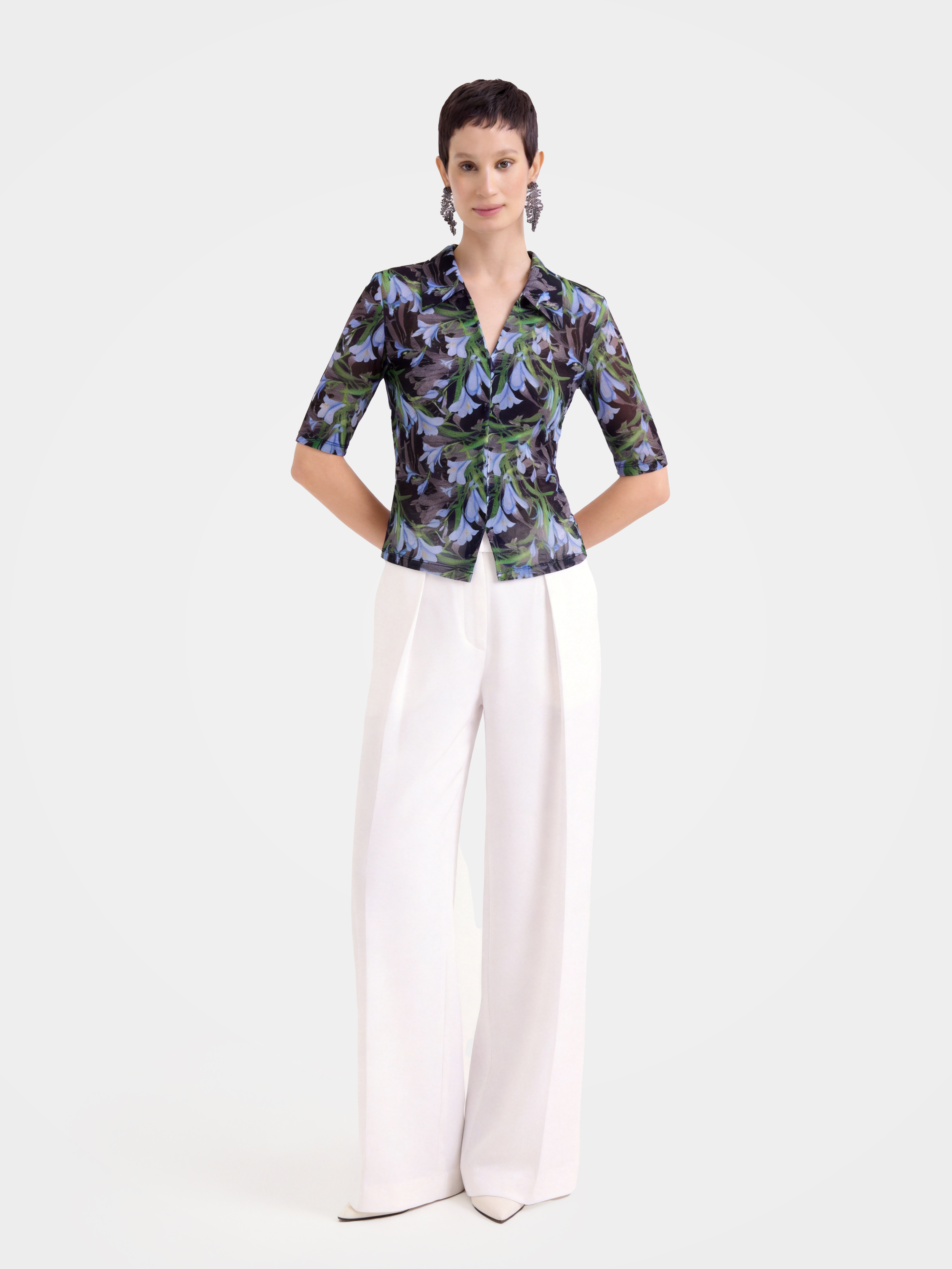 Lightweight Stretchy Printed Mesh V Neck Blouse
