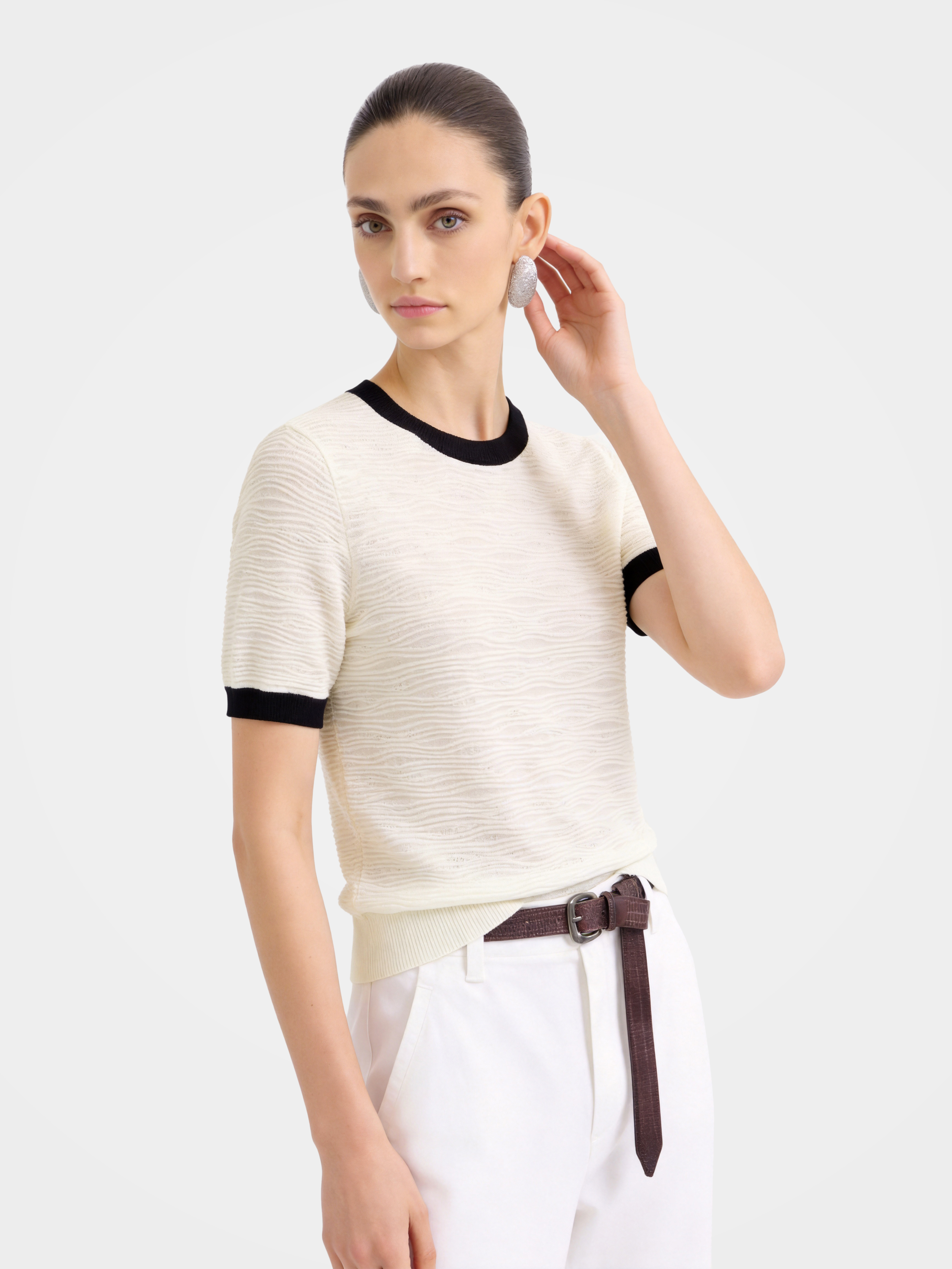 Refined Wool Silk Wave Texture Short Sleeve Top