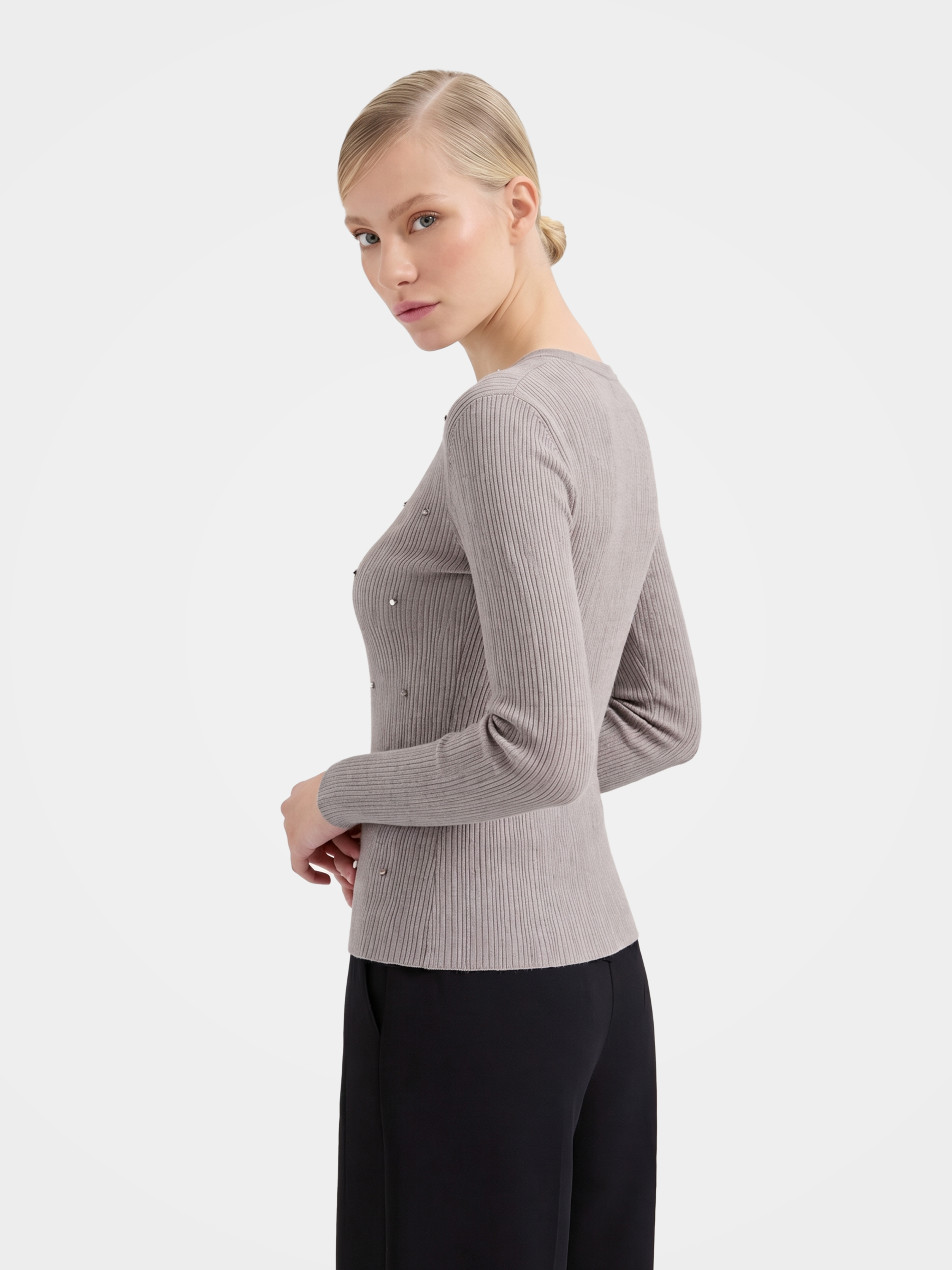 Lightweight Wool Cashmere Beaded Rib Knit Top