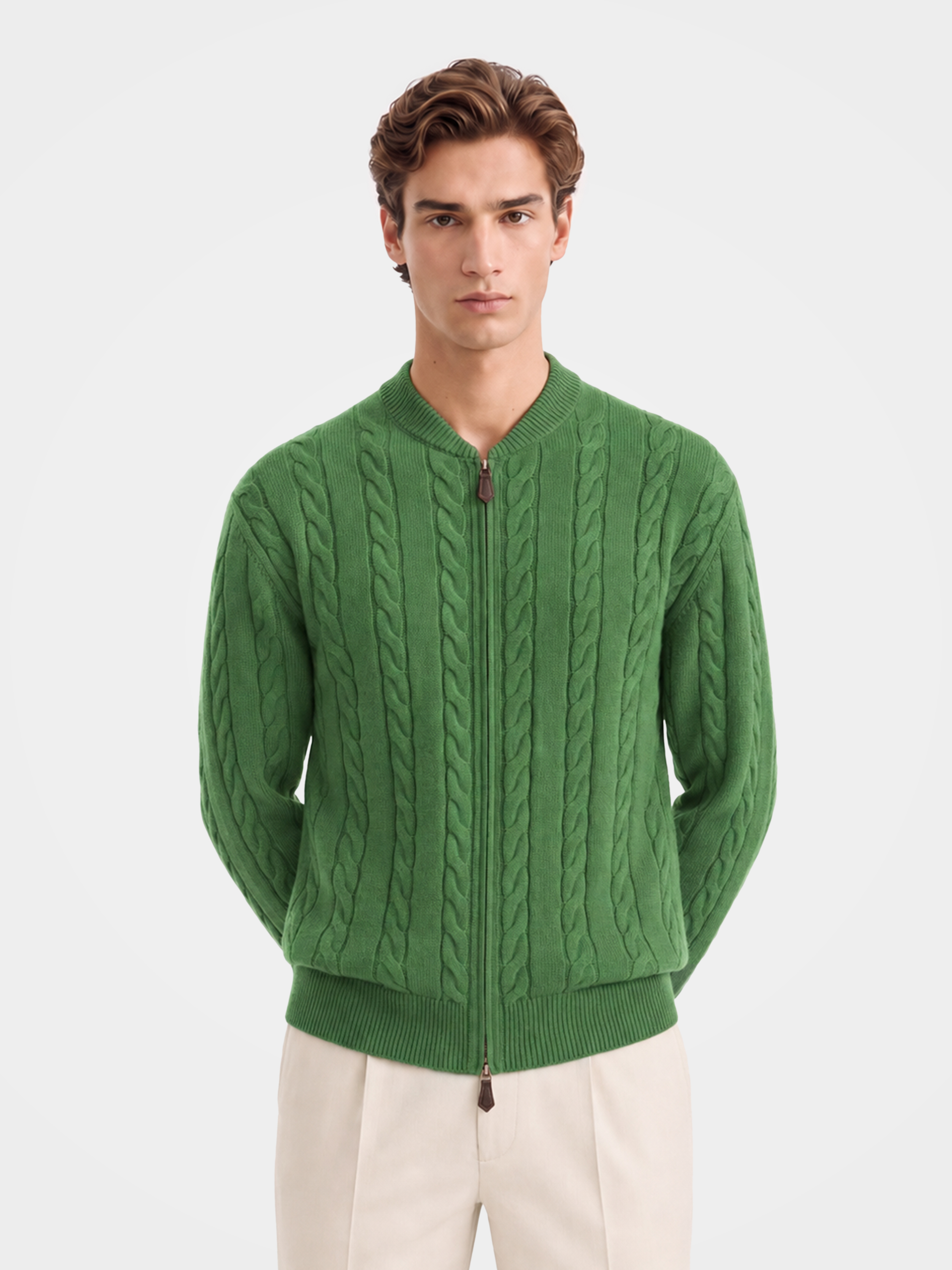 Men's 100% Cashmere Cable Knit Baseball Collar Zip Cardigan - Luxury Knit Sweater