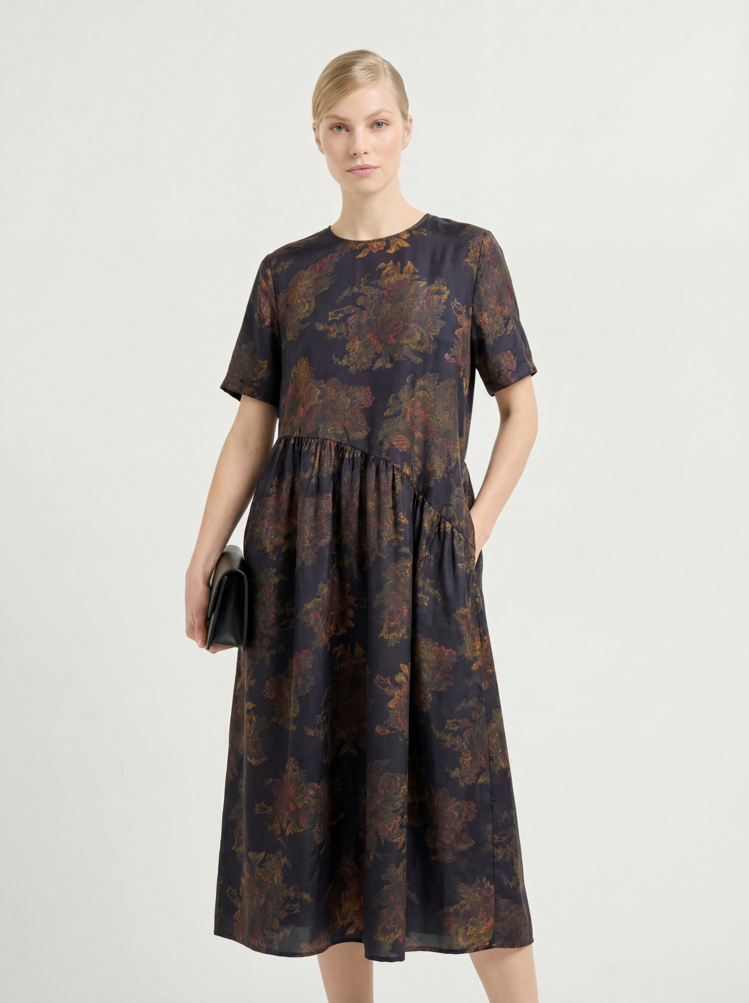 Navy Silk Floral Print Midi Dress