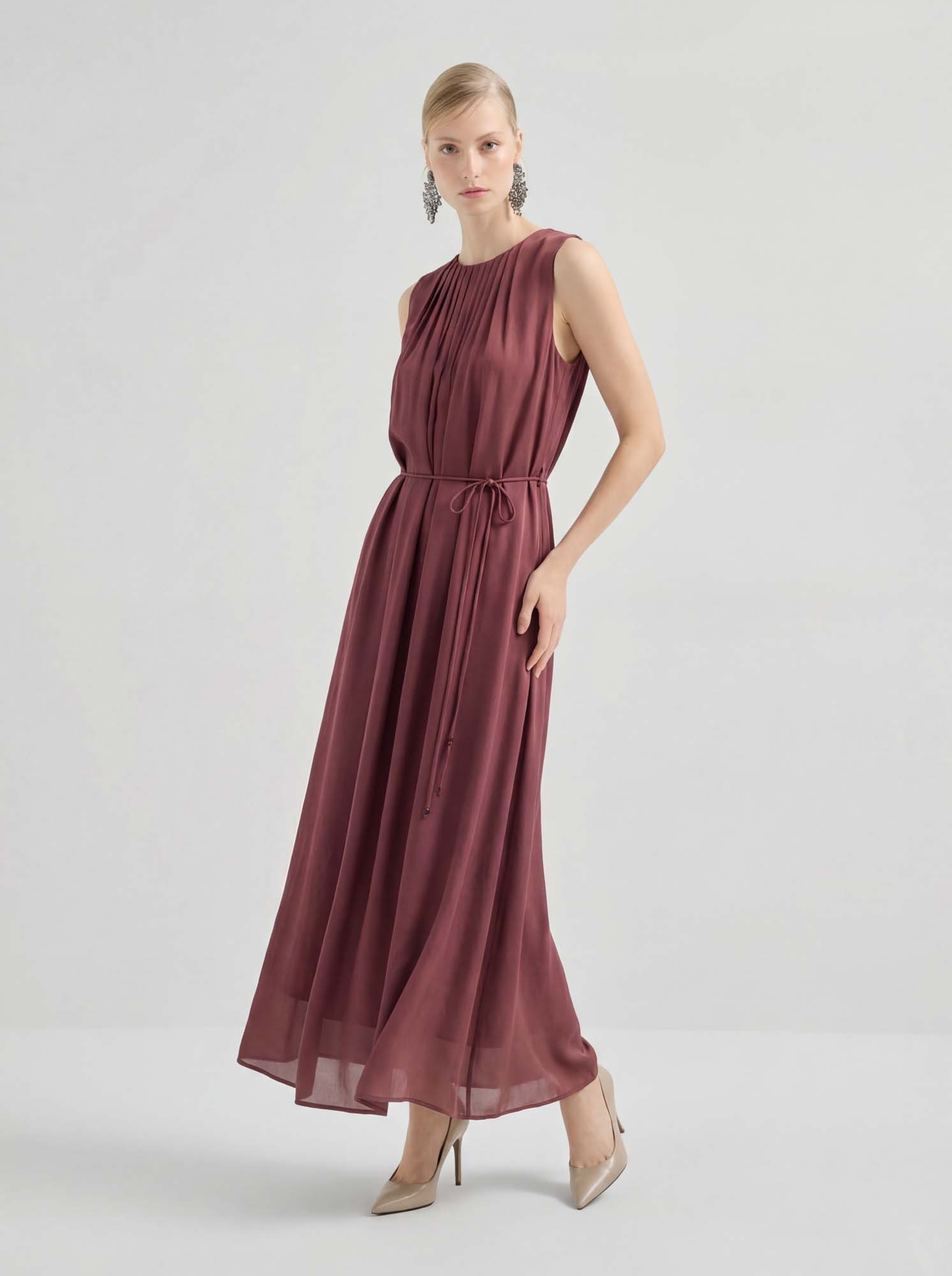 Wine Silk Crinkles Maxi Dress