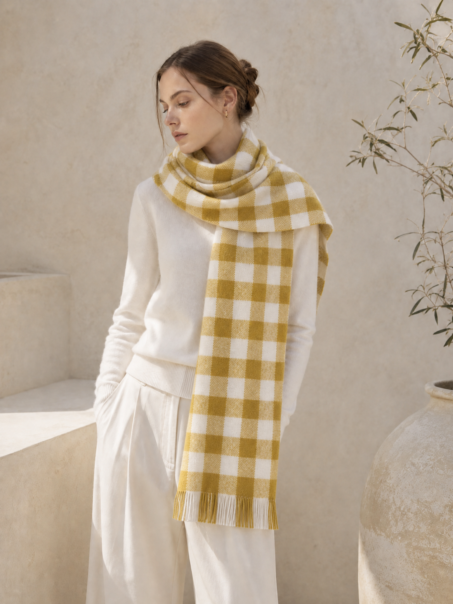 100% Cashmere Plaid Fringe Long Scarf