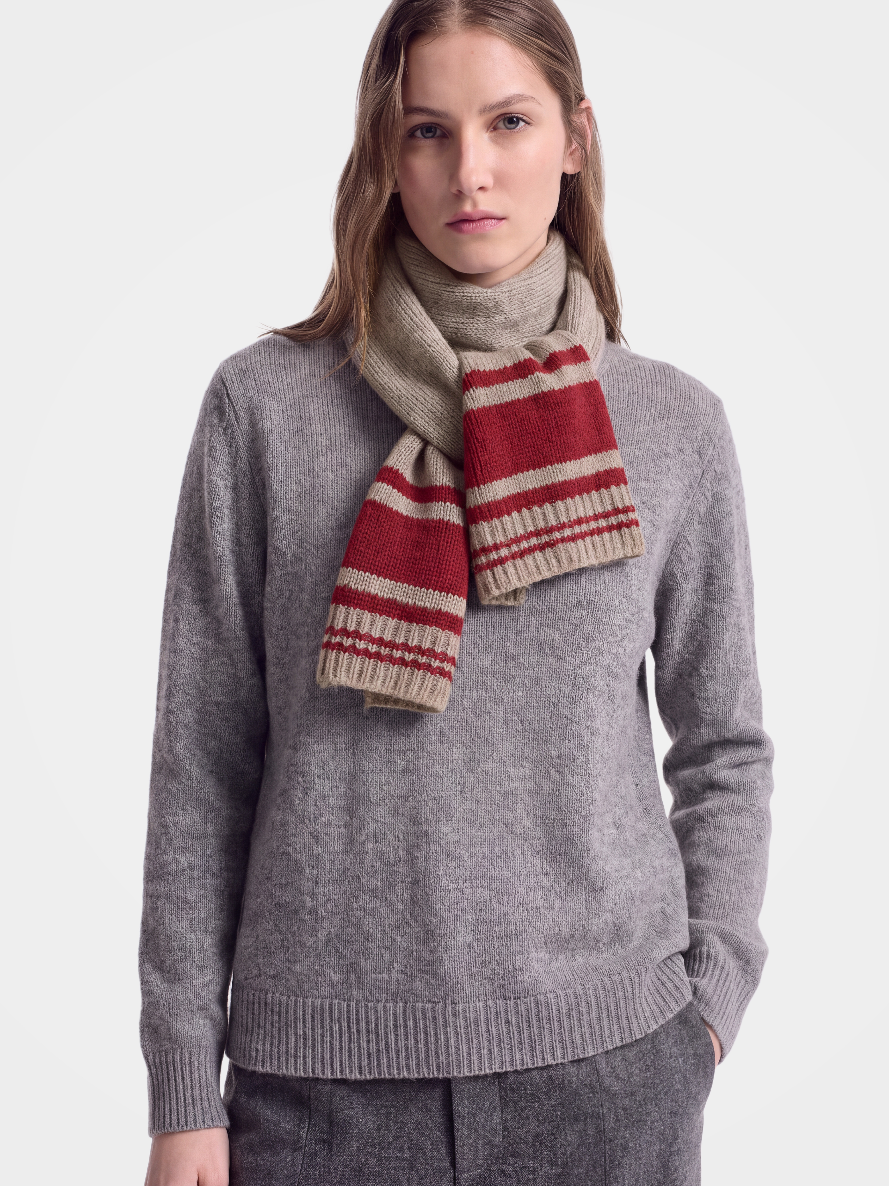 100% Cashmere Knit Stripe Fringe Long Scarf