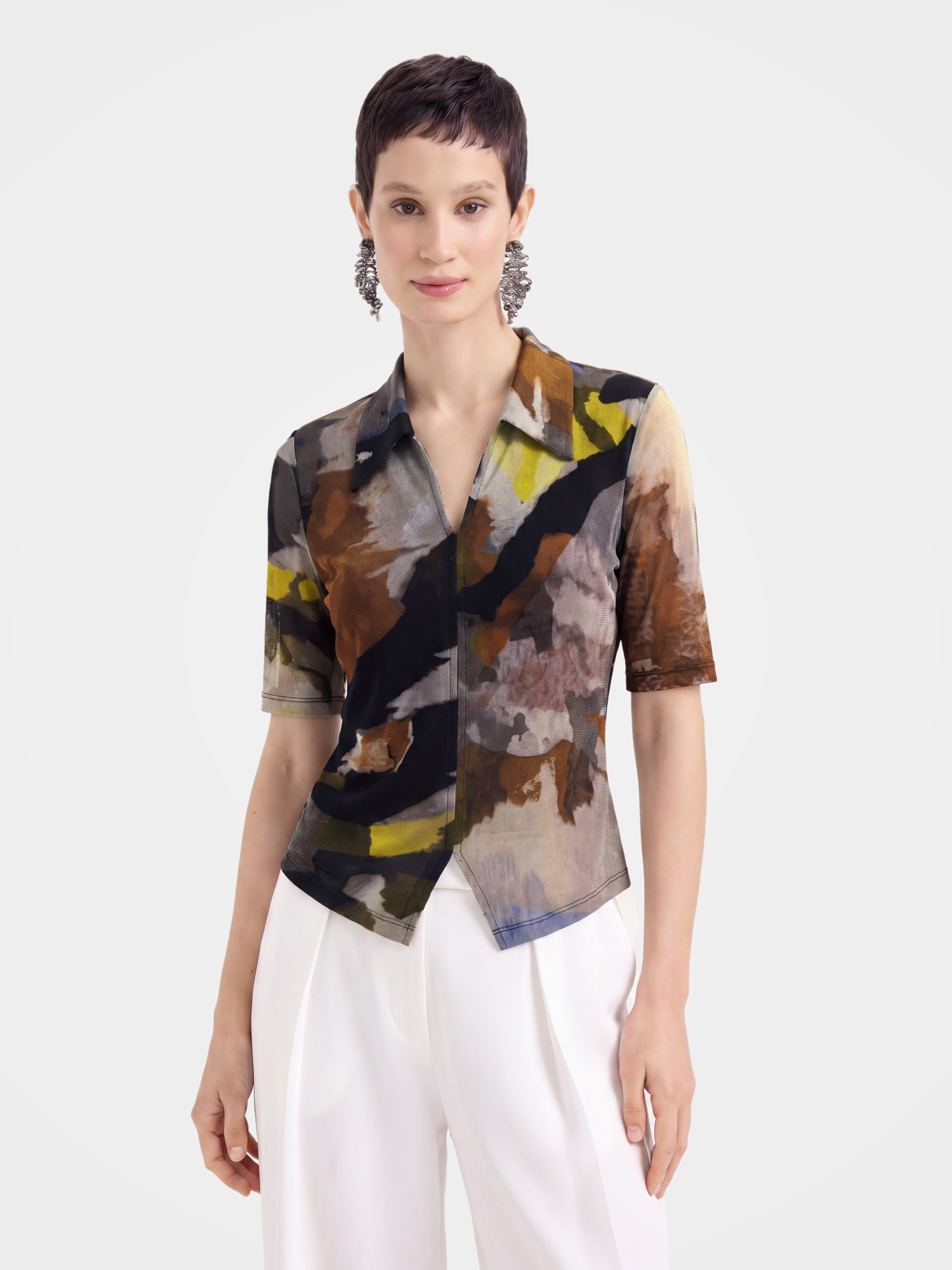 Lightweight Multicolor Printed V Neck 100% Mulberry Silk Blouse