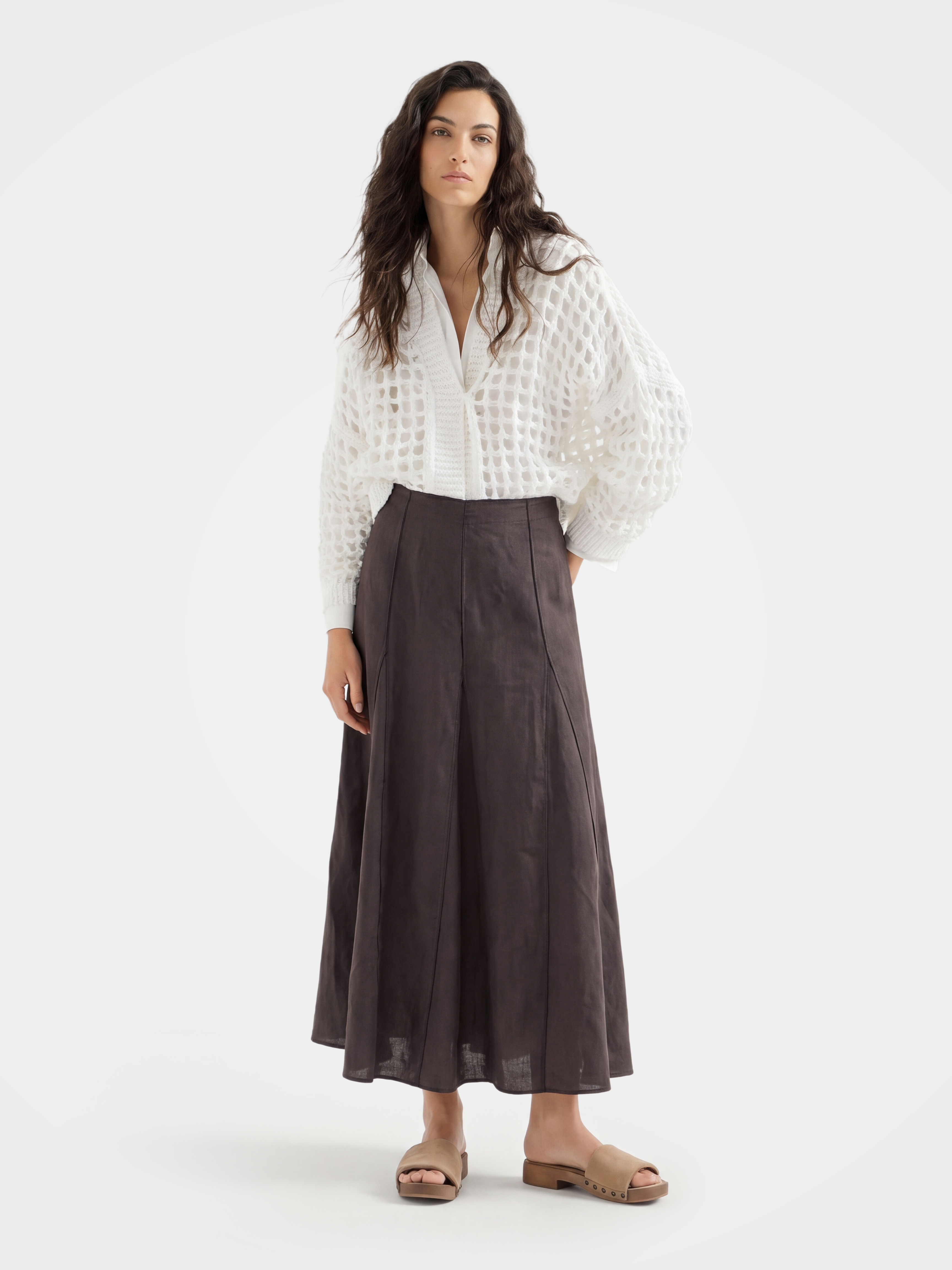 Brown Linen Classic Midi Skirt